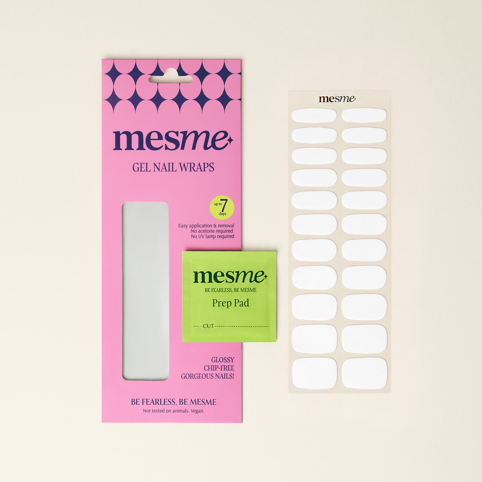 mesme gel nail wraps packaging with white nail wraps on a beige background