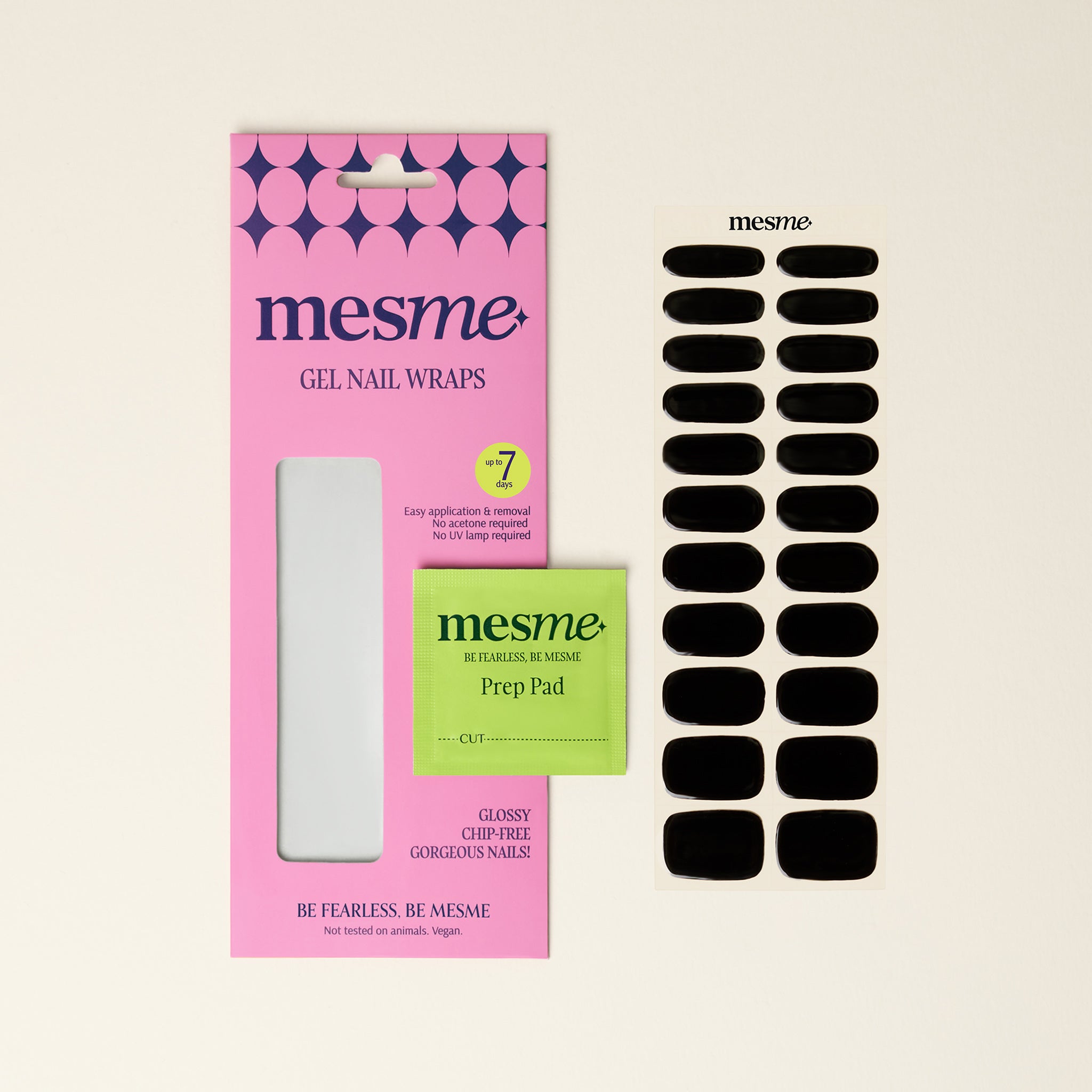 mesme gel nail wraps packaging with black nail wraps and a green prep pad on a beige background