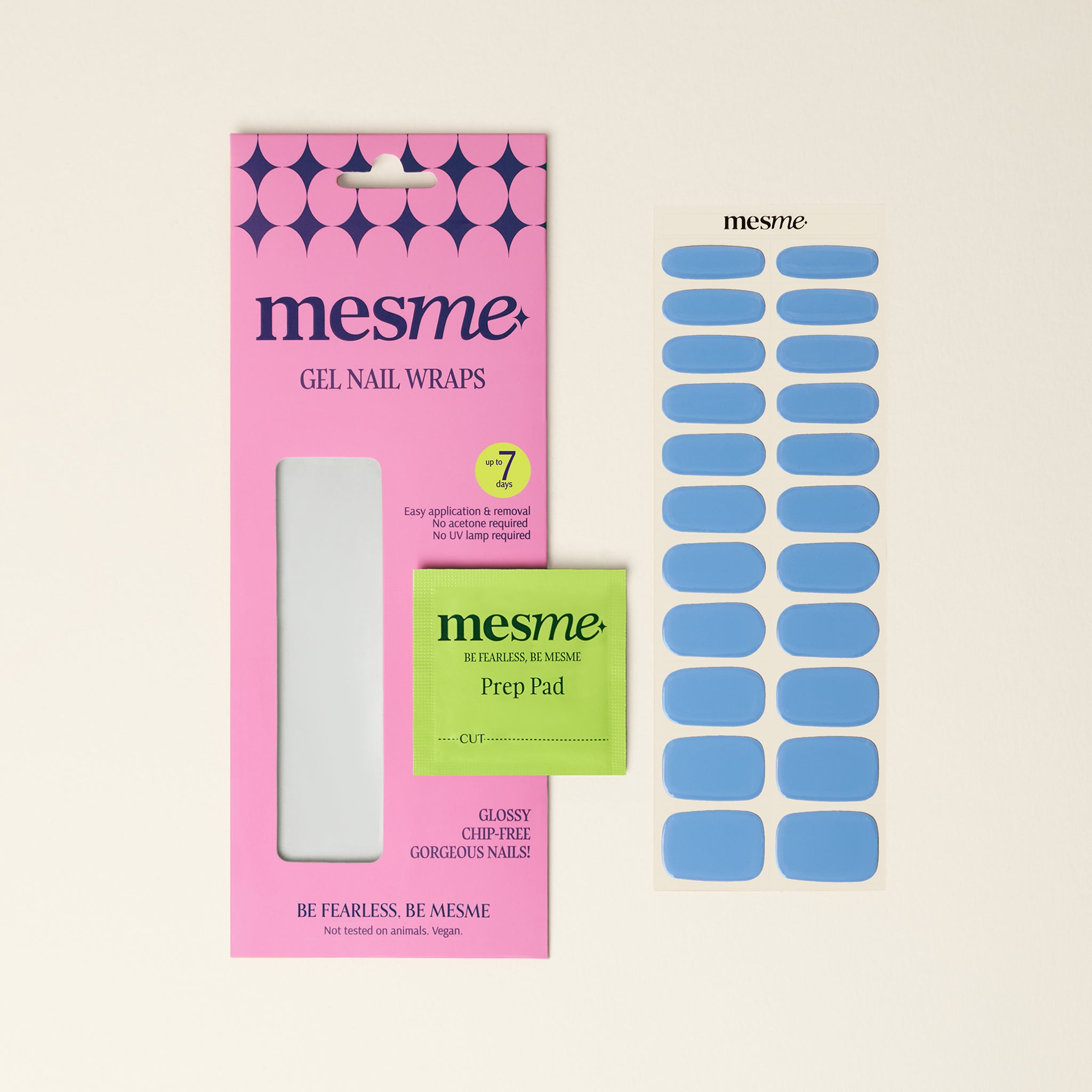 mesme gel nail wraps packaging with blue wraps on a neutral background
