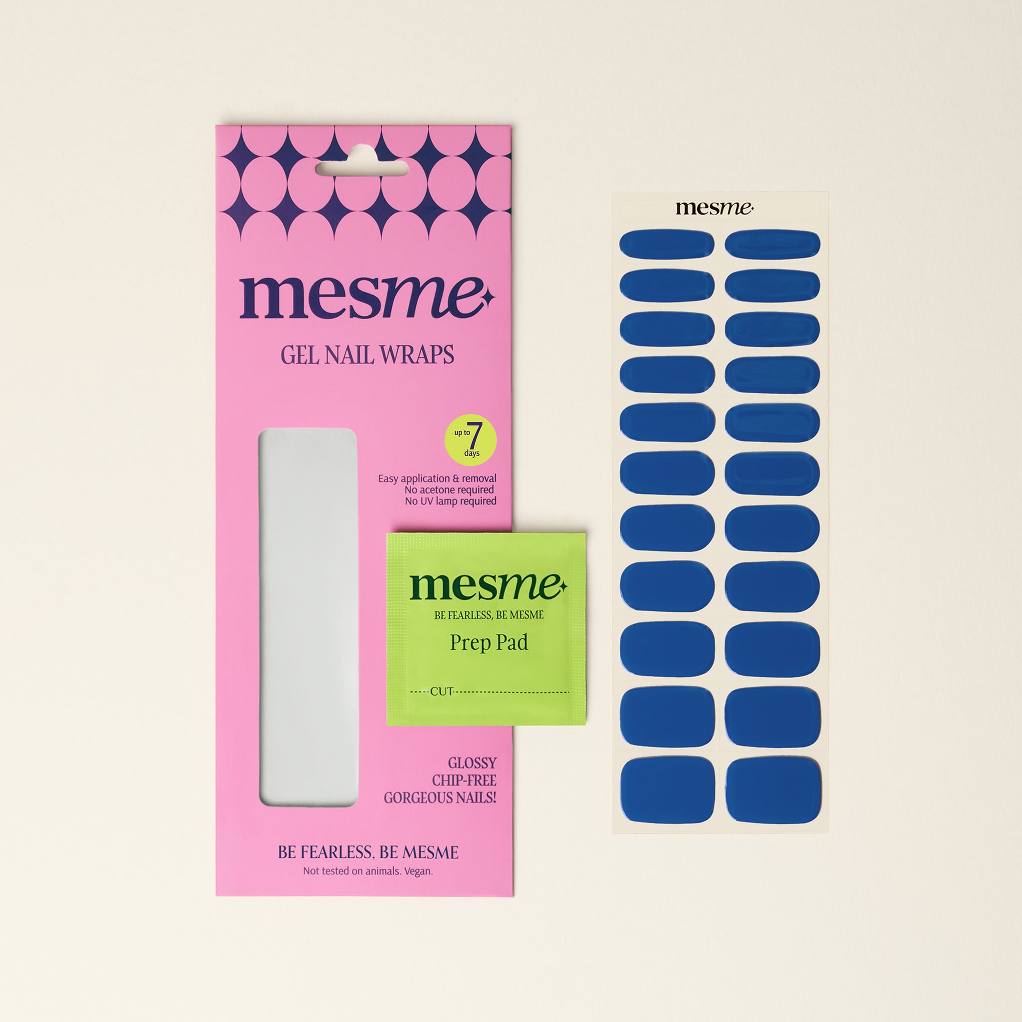 mesme gel nail wraps packaging with blue wraps on a neutral background