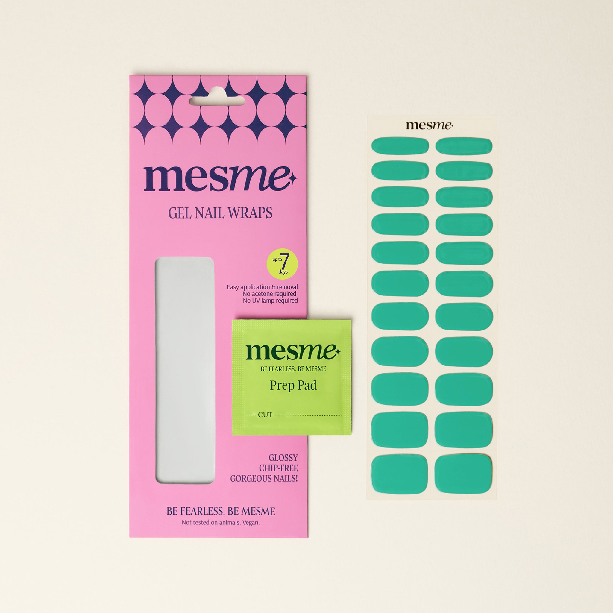 mesme gel nail wraps packaging with green wraps on a neutral background