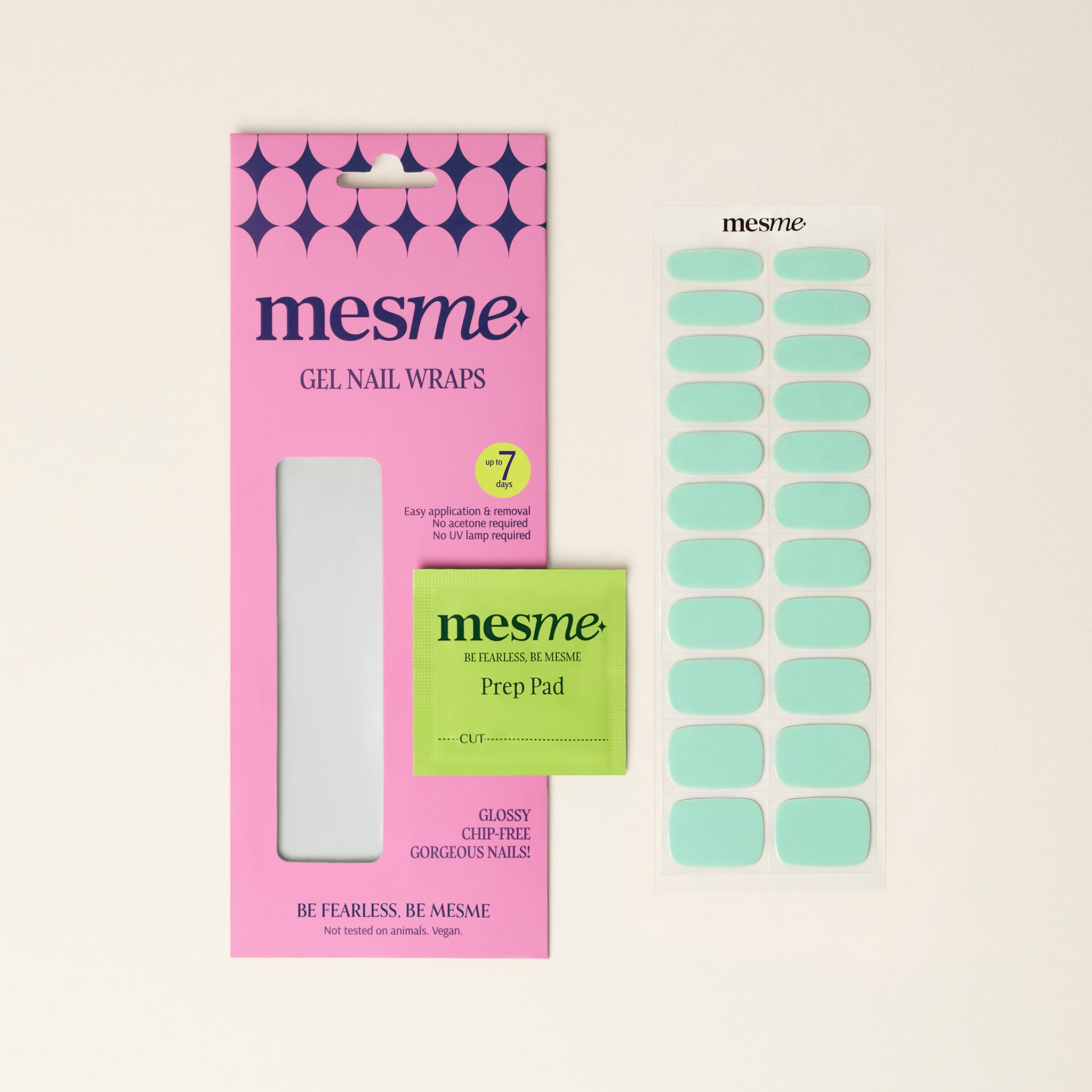 mesme gel nail wraps packaging with mint green nail wraps on a beige background
