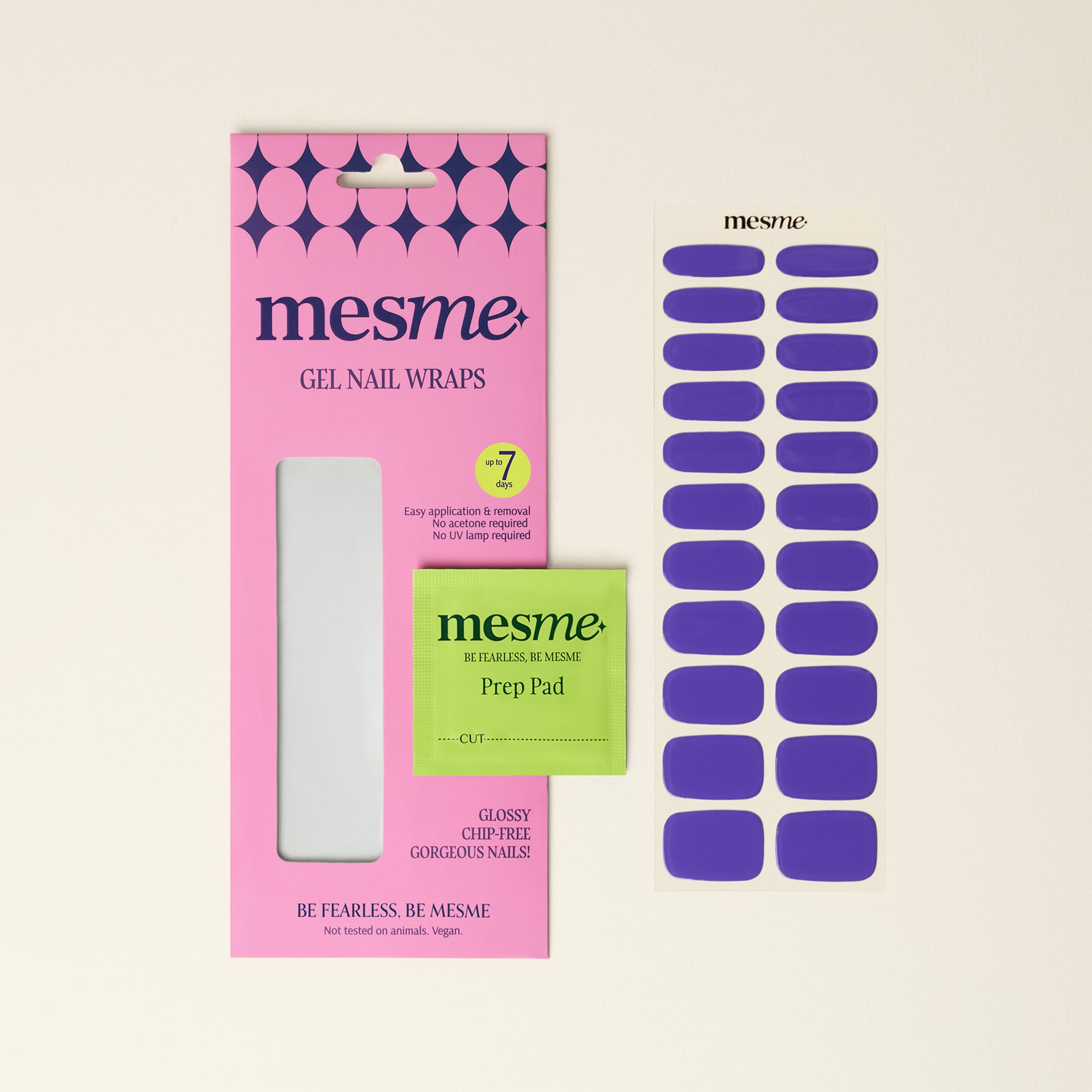 Mesme gel nail wraps packaging with purple wraps on a neutral background