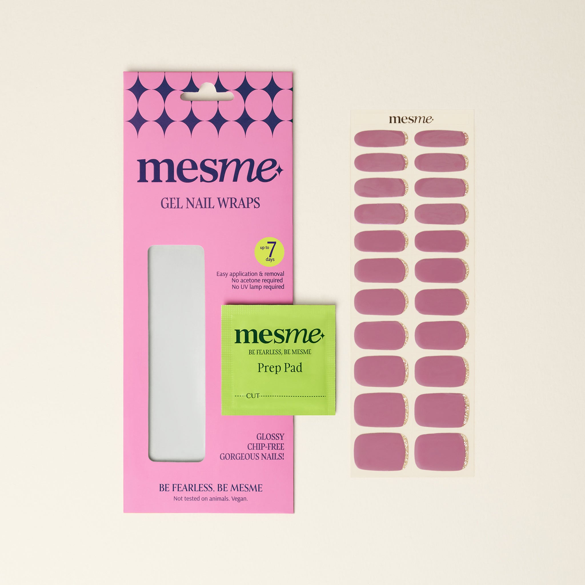 Mesme gel nail wraps packaging with pink design and green prep pad on a neutral background
