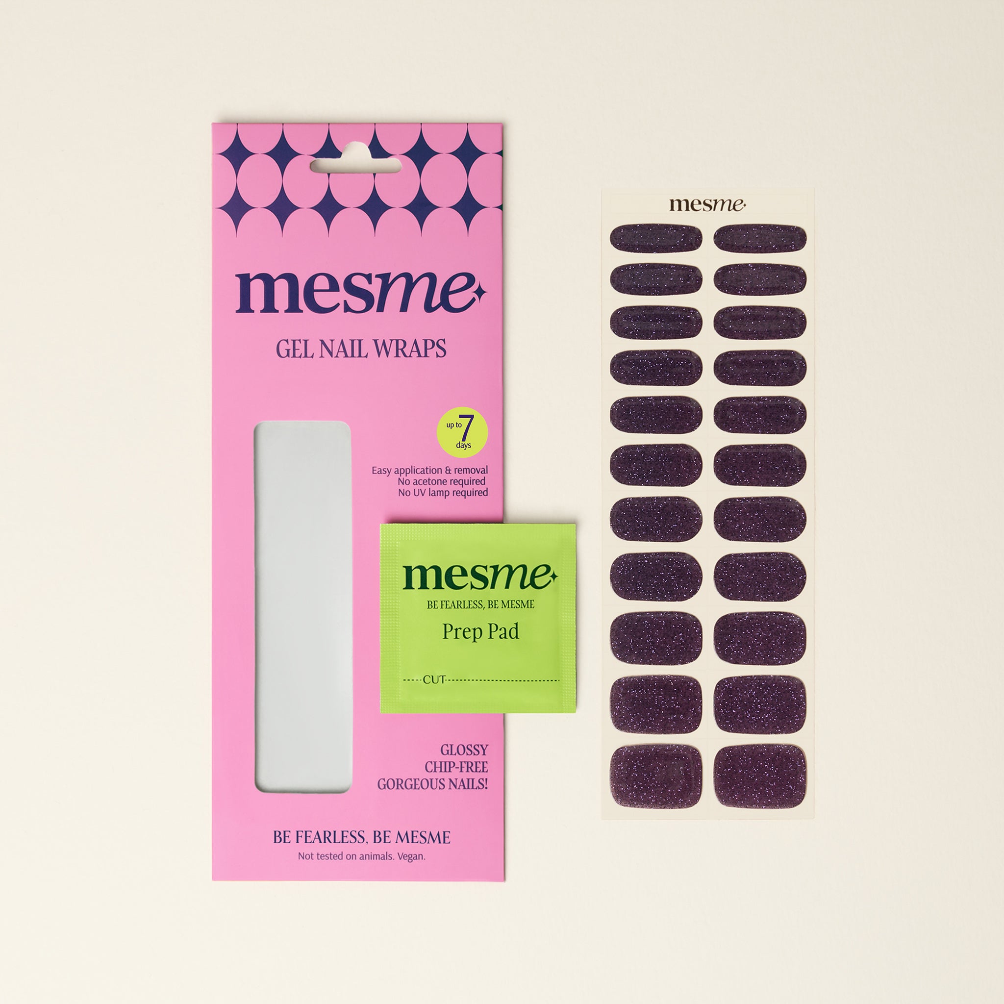 Mesme gel nail wraps packaging with purple sparkle nail wraps on a neutral background