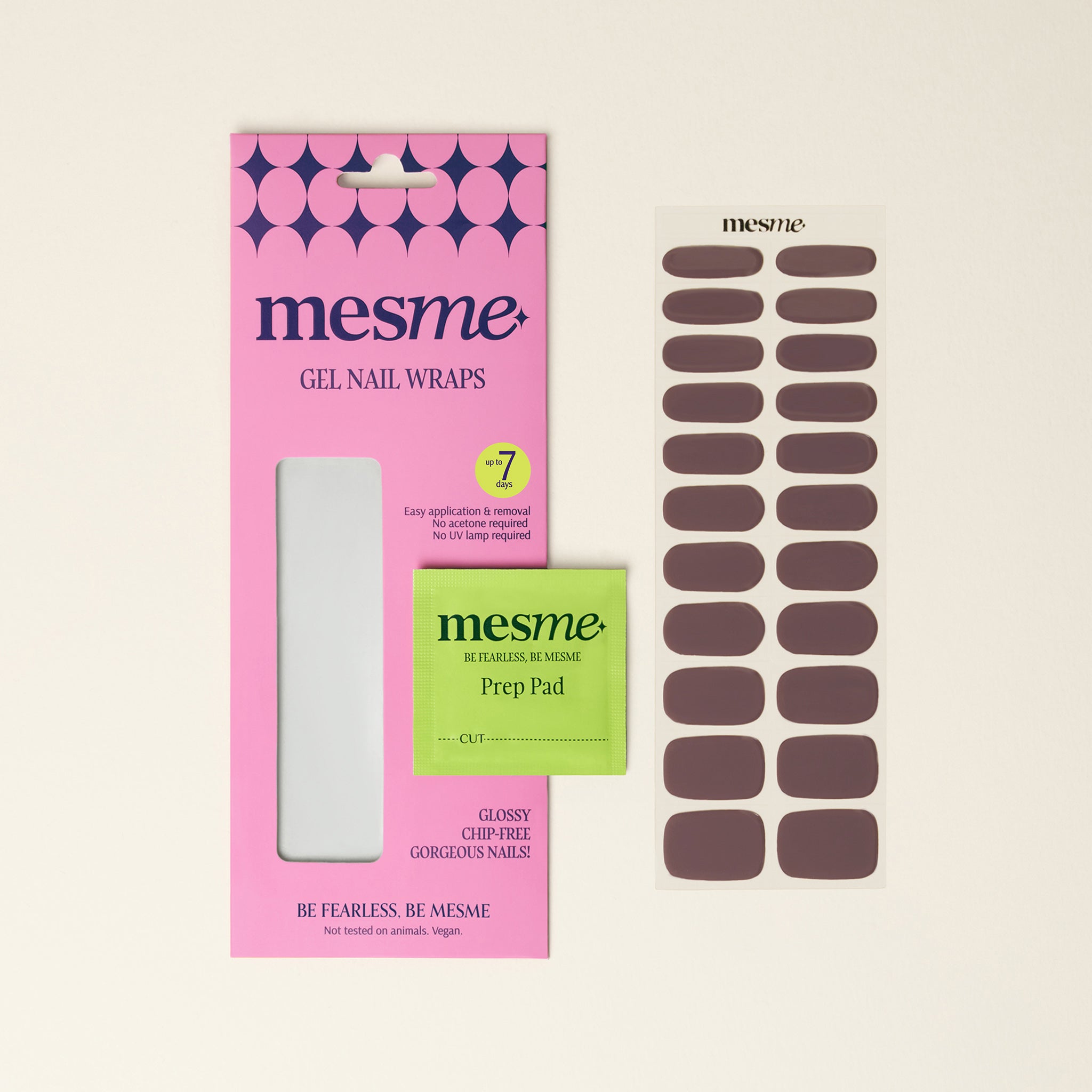 Mesme chocolate brown gel nail wraps packaging with a Prep Pad on a beige background