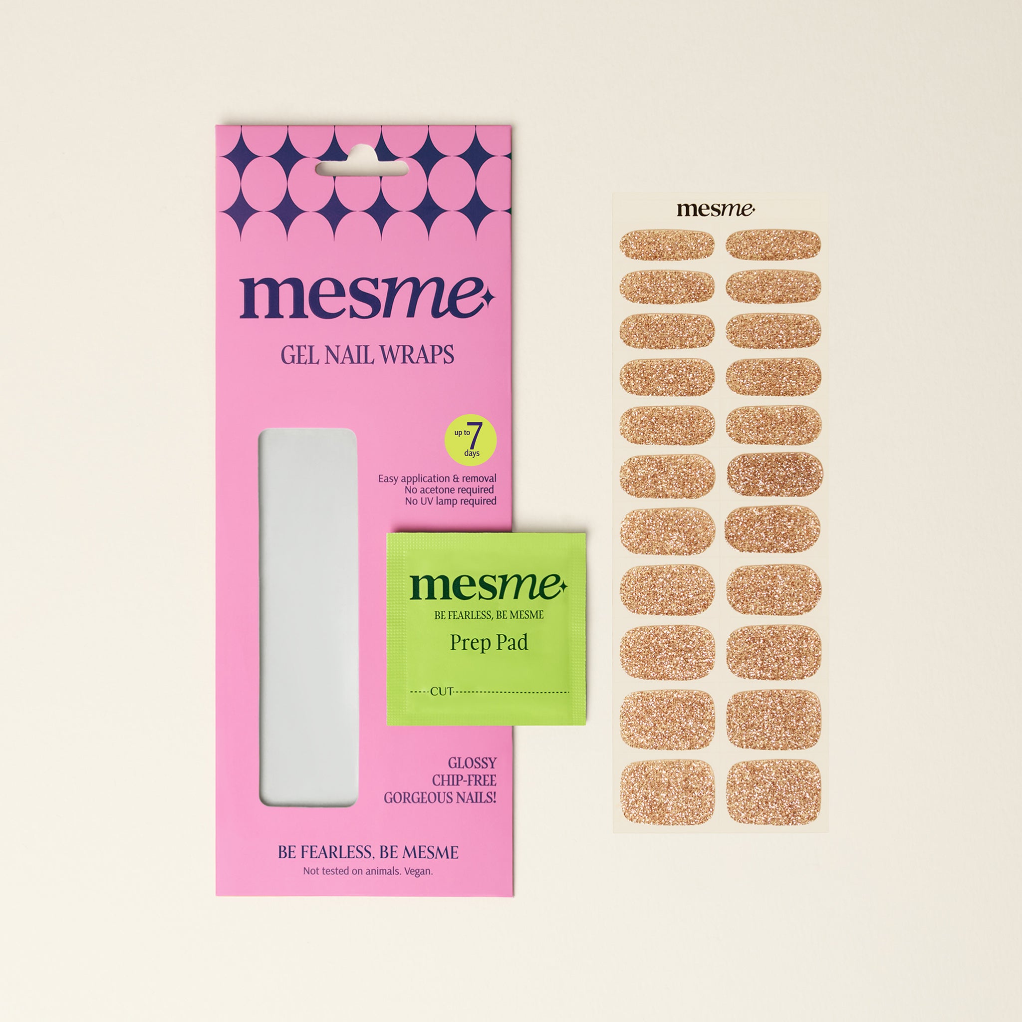 mesme gel nail wraps packaging with gold glitter wraps on a beige background