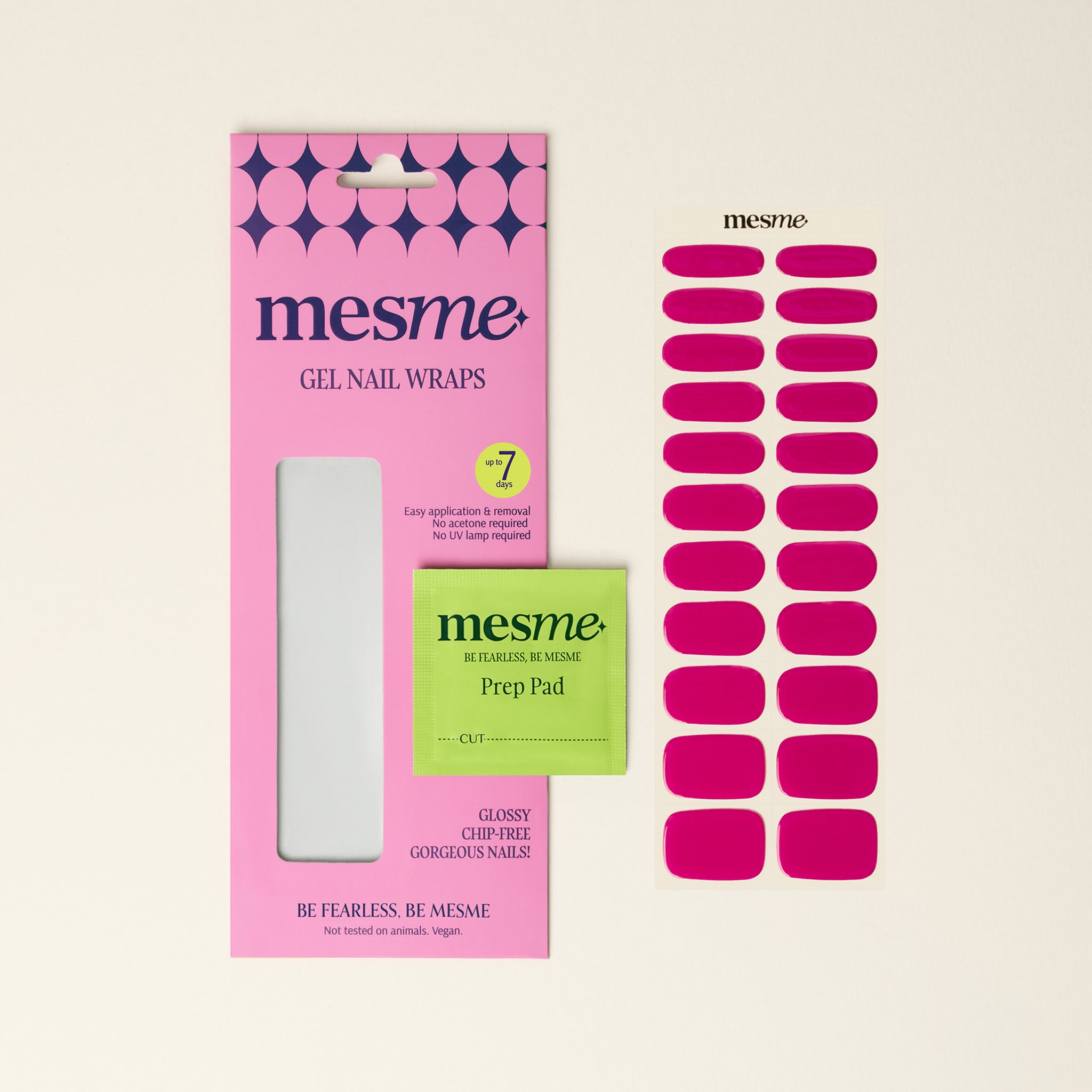 Mesme gel nail wraps packaging with pink wraps on a beige background