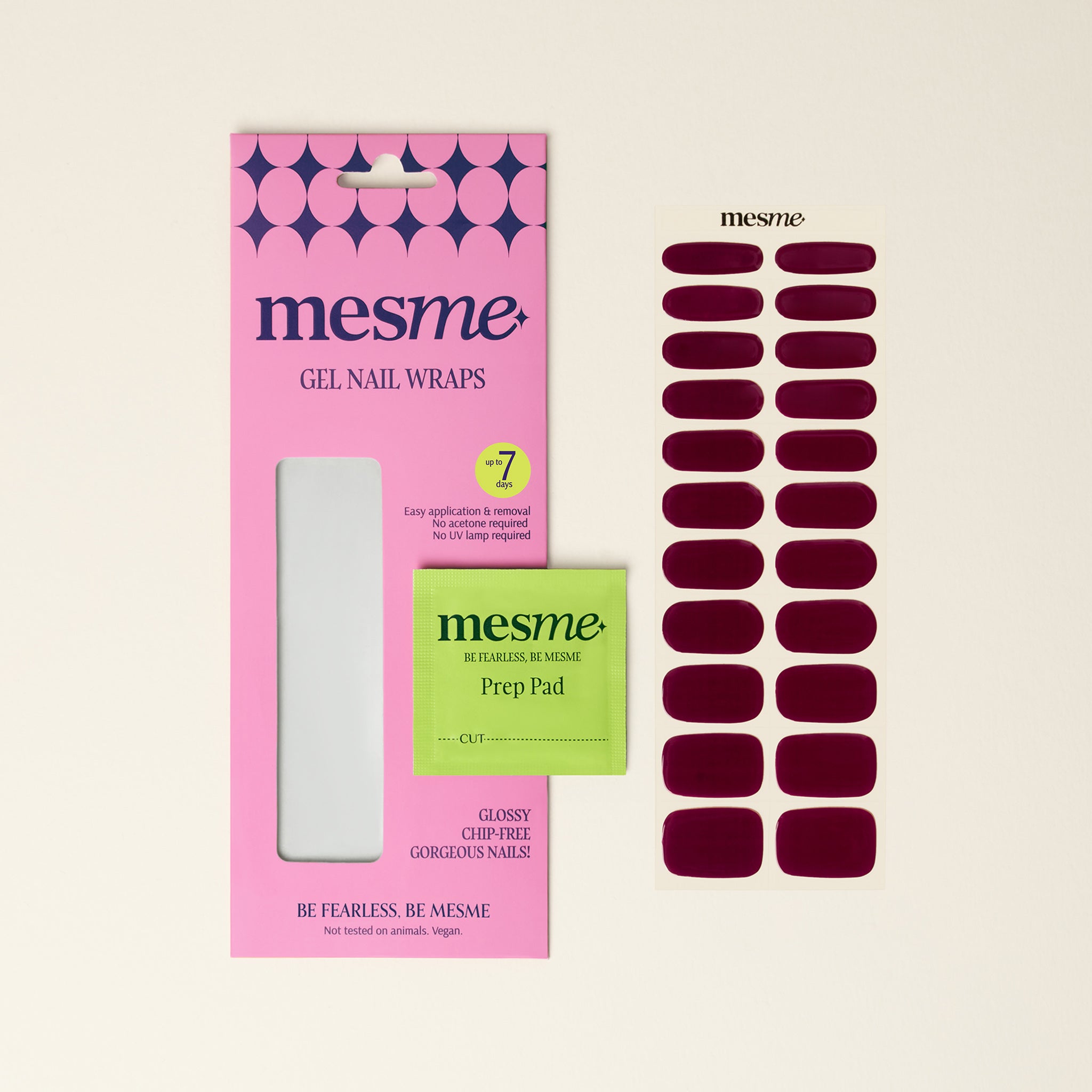mesme burgundy gel nail wraps packaging with prep pad on a beige background