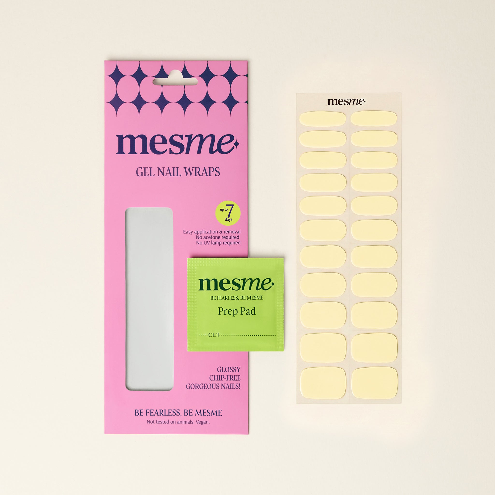 mesme gel nail wraps packaging with yellow nail wraps on a beige background