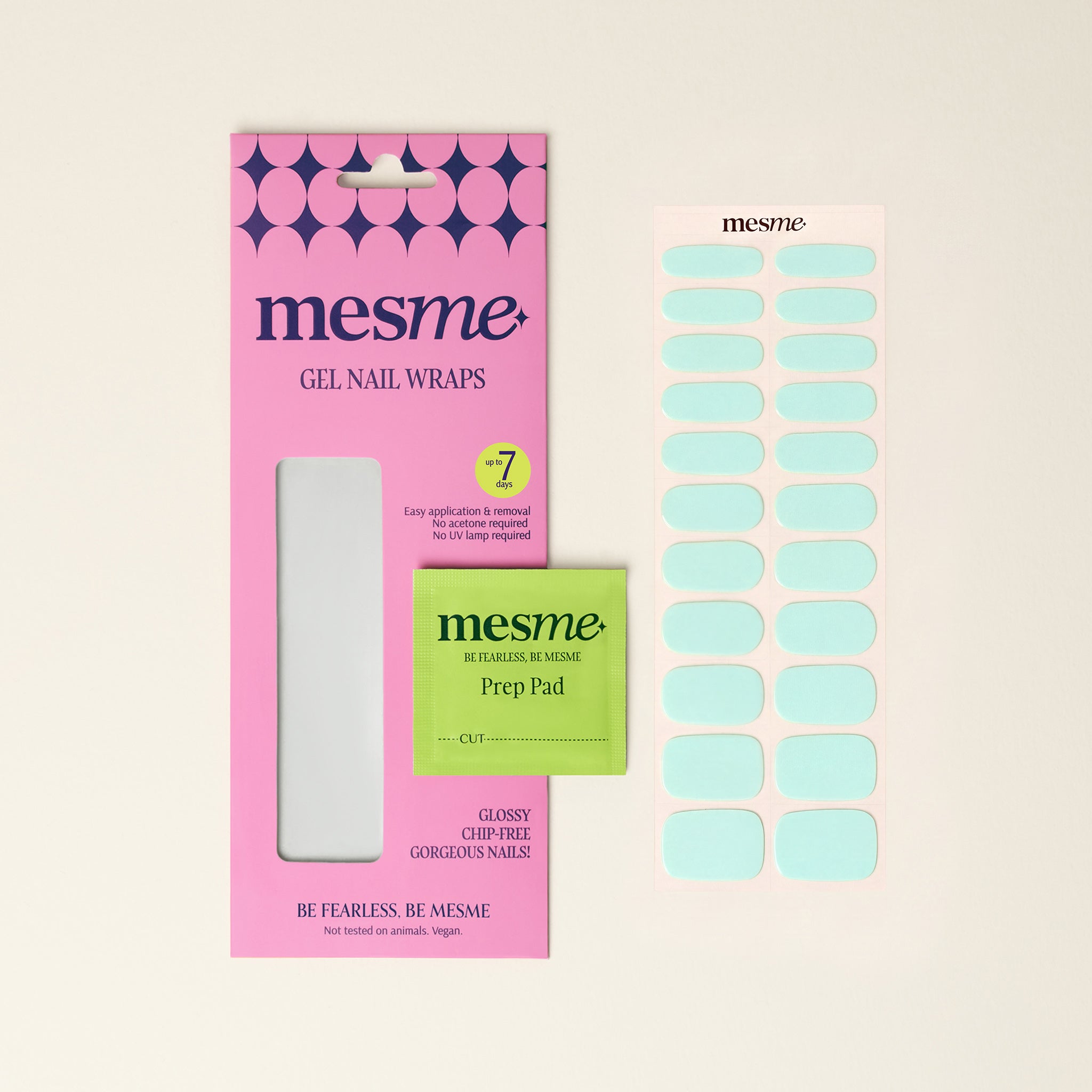 Seafoam mint mesme gel nail wraps with packaging and prep pad on a neutral background.