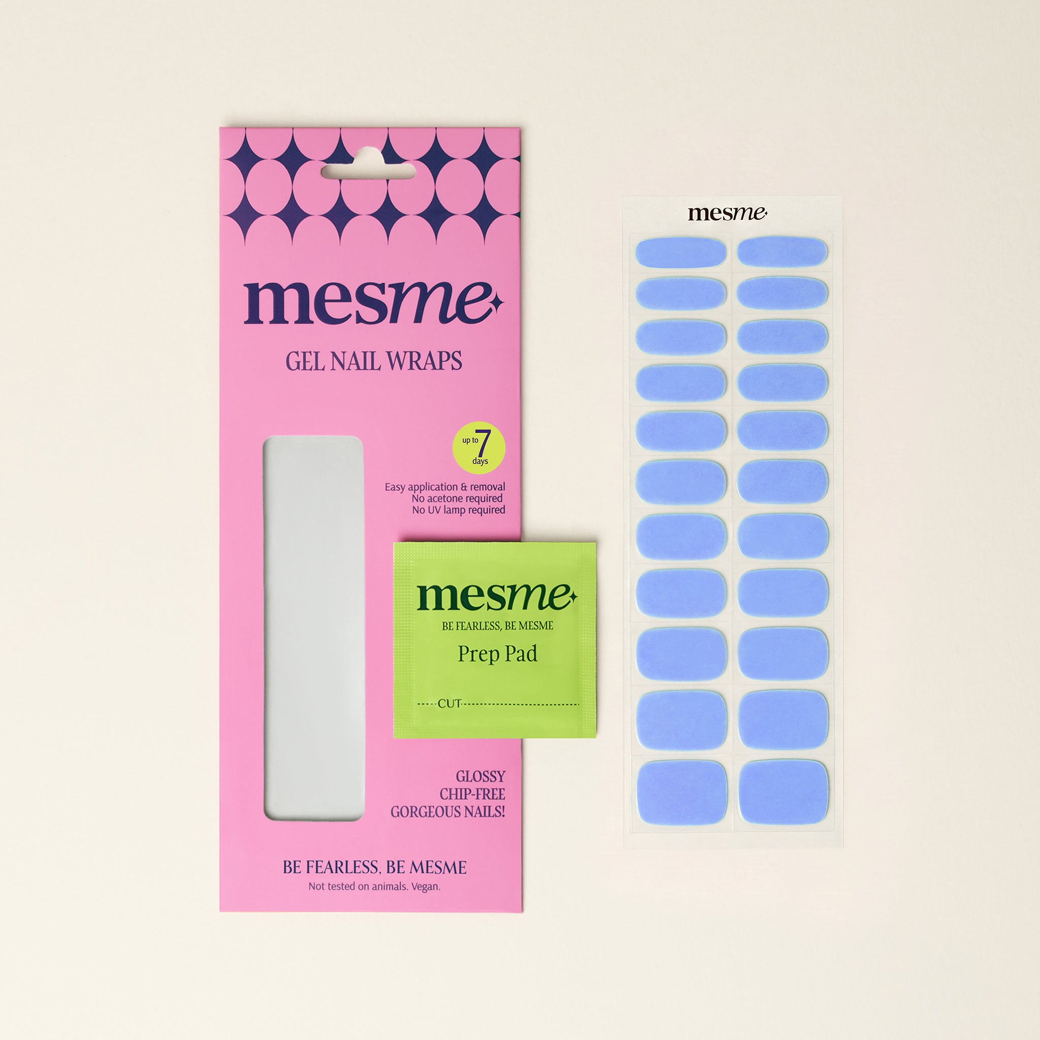 Mesme gel nail wraps packaging with blue wraps on a beige background