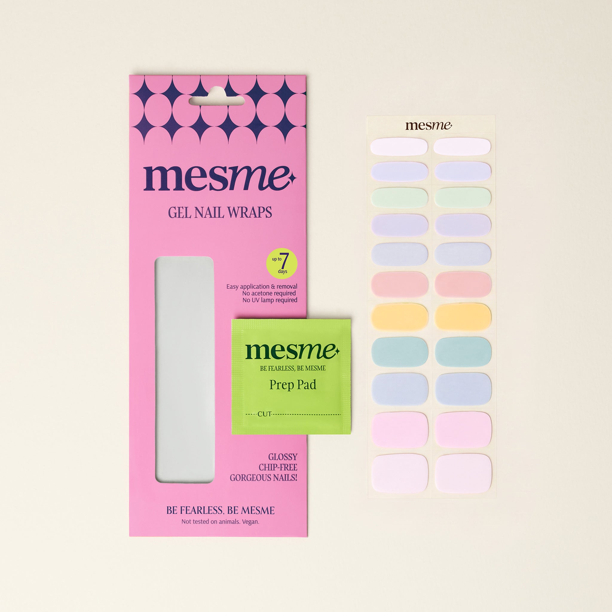 mesme gel nail wraps packaging with pastel color swatches on a beige background