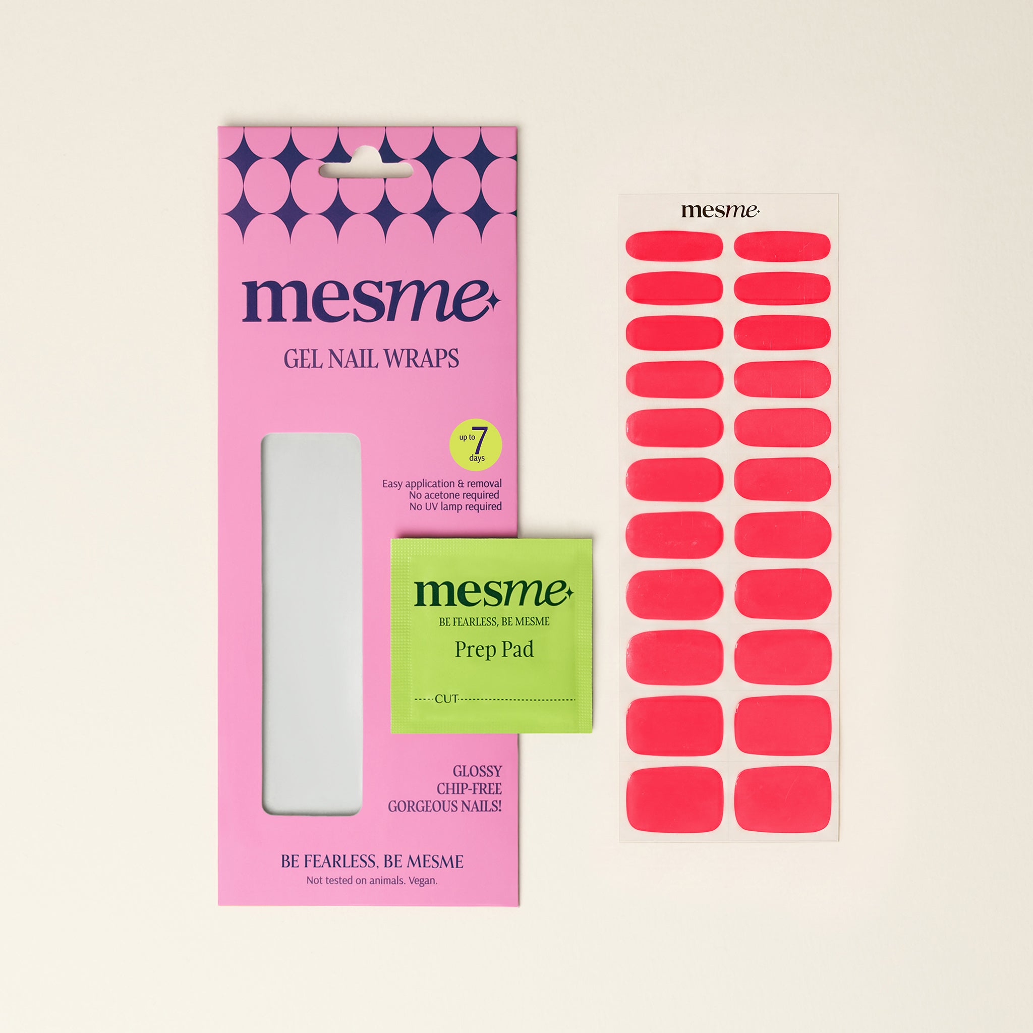 Danielle pink-red mesme gel nail wraps with packaging and prep pad on a neutral background.