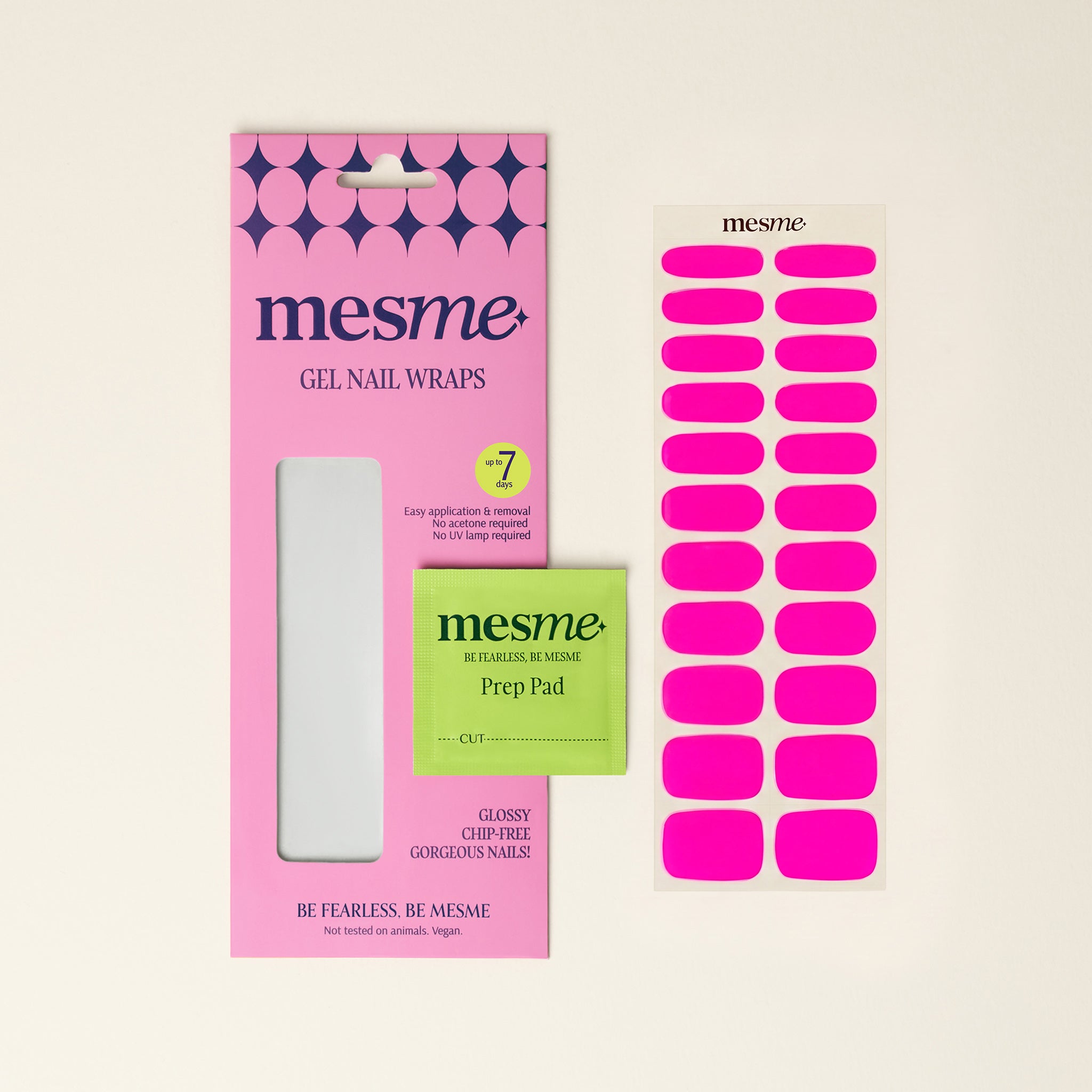 Mesme gel nail wraps packaging with pink wraps on a beige background
