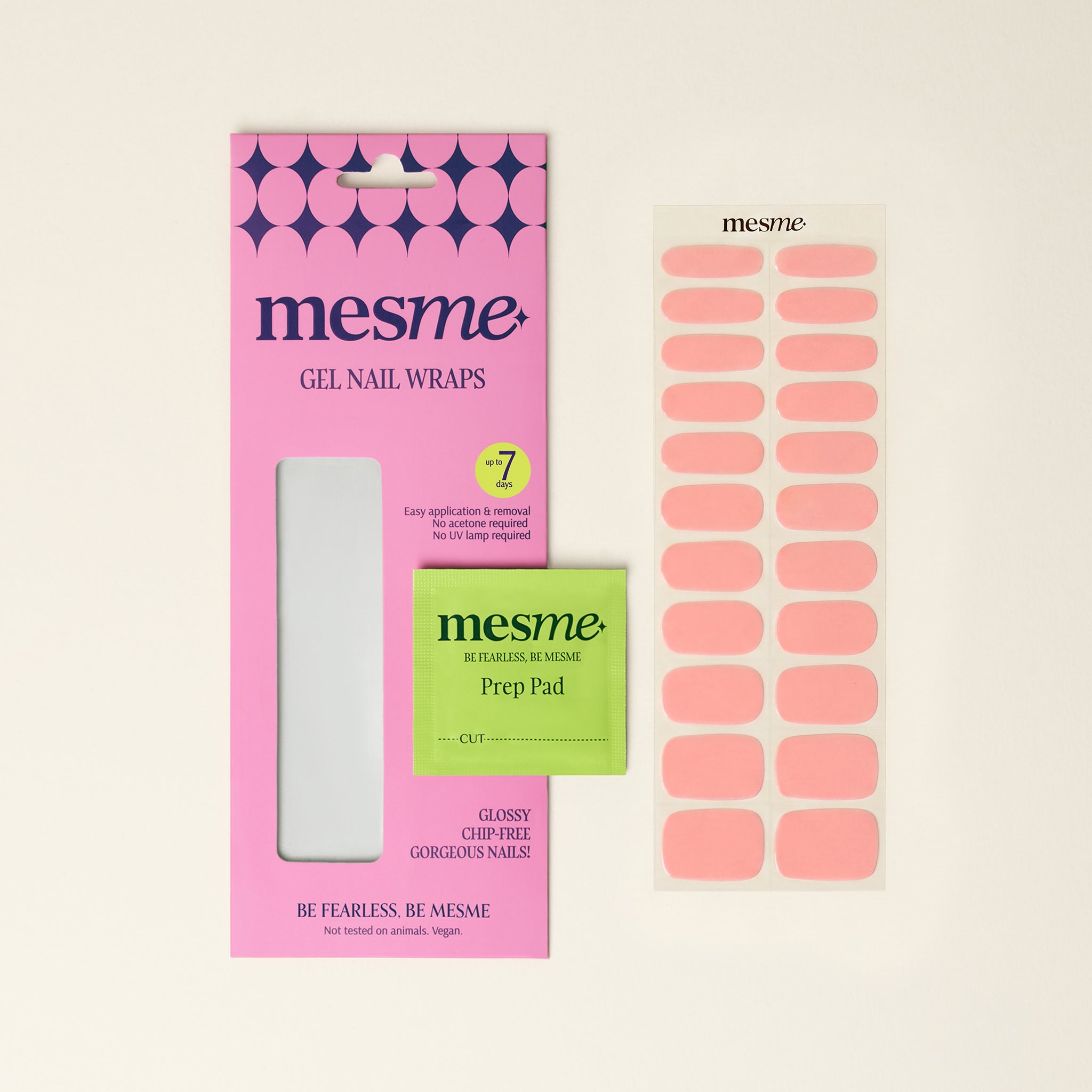 Mesme gel nail wraps packaging with pink wraps on a beige background