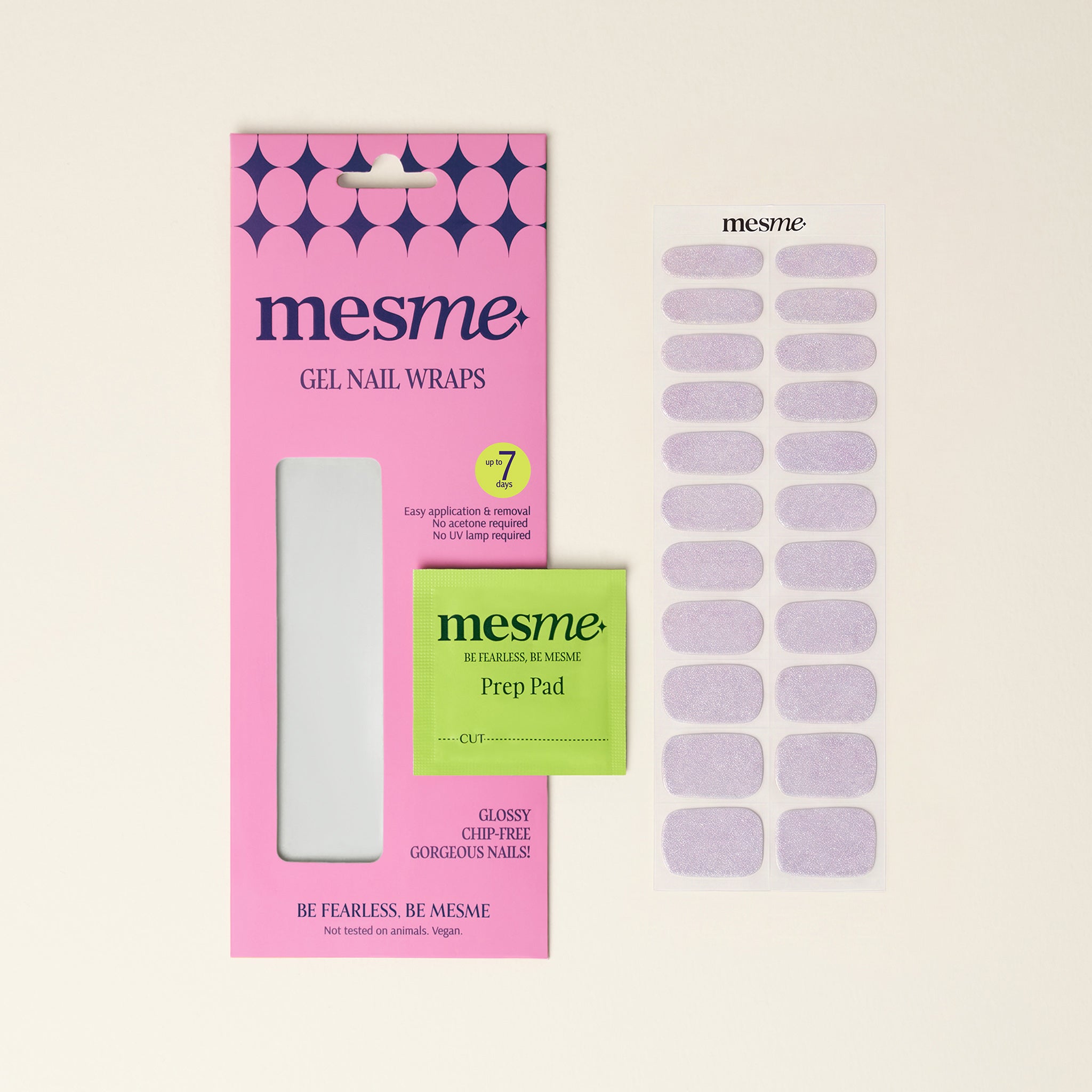 Mesme glittler lavender gel nail wraps packaging with prep pad on a beige background