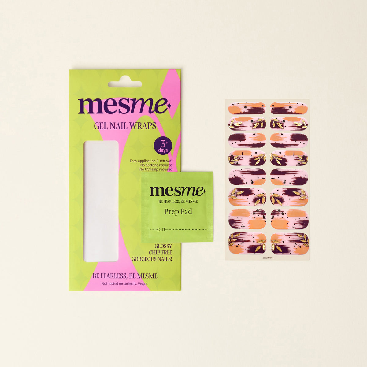 Mesme Gel Nail Wraps kit with a lime green and pink retail package, a small prep pad packet, and a sheet of decorative nail wraps featuring a donut pattern on a cream background.