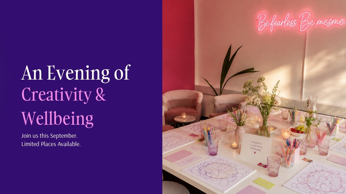 Promo image for An Evening of Creativity & Wellbeing showing a white table with pencils and Neurographica drawings and a be fearless be mesme neon sign.