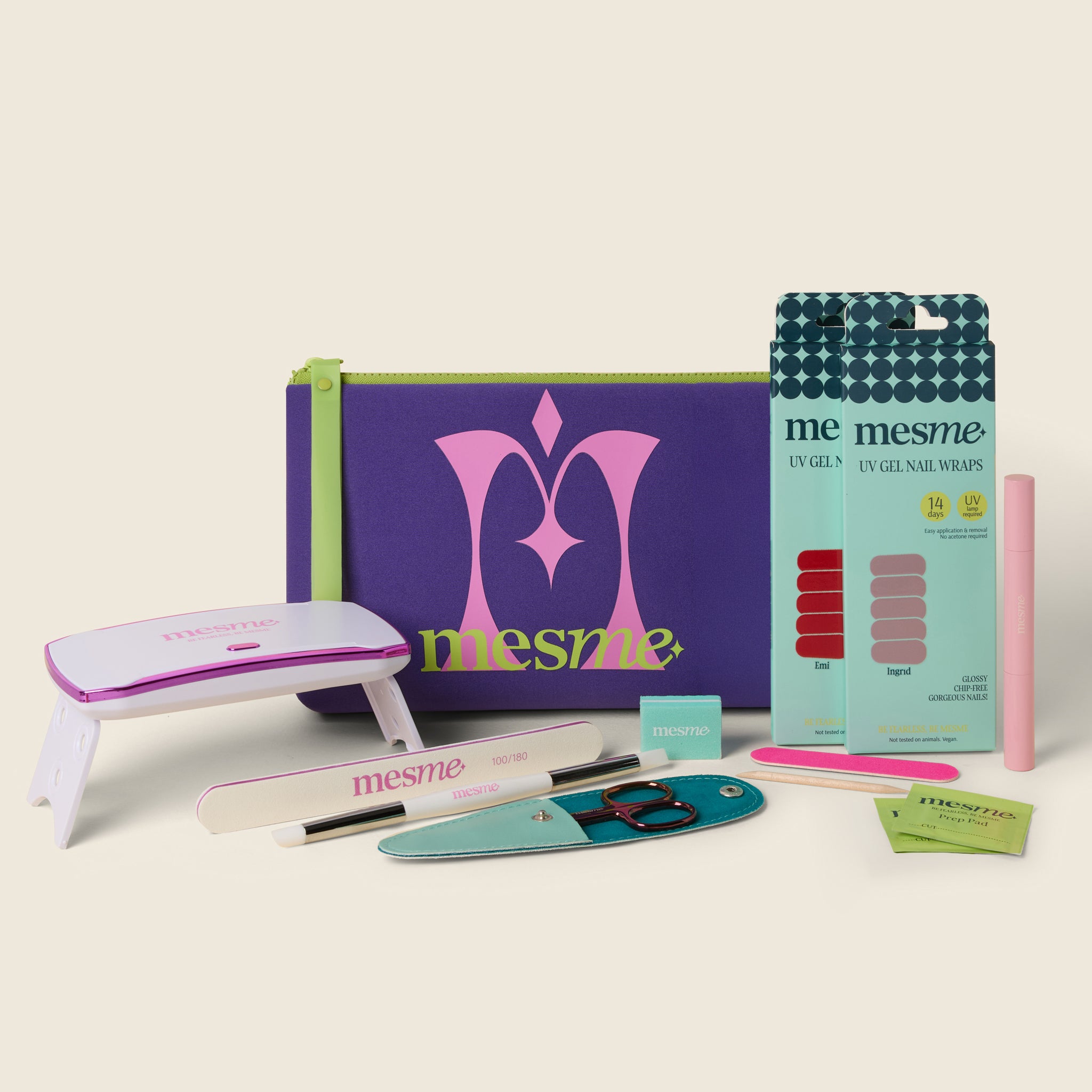 Mesme  Power 14 Day UV Wrap Nails kit with white mini UV lamp, purple cosmetic bag, scissors,nail file, cuticle pusher, mini prep kit, wrap remover pen and 2 boxes of UV gel wraps