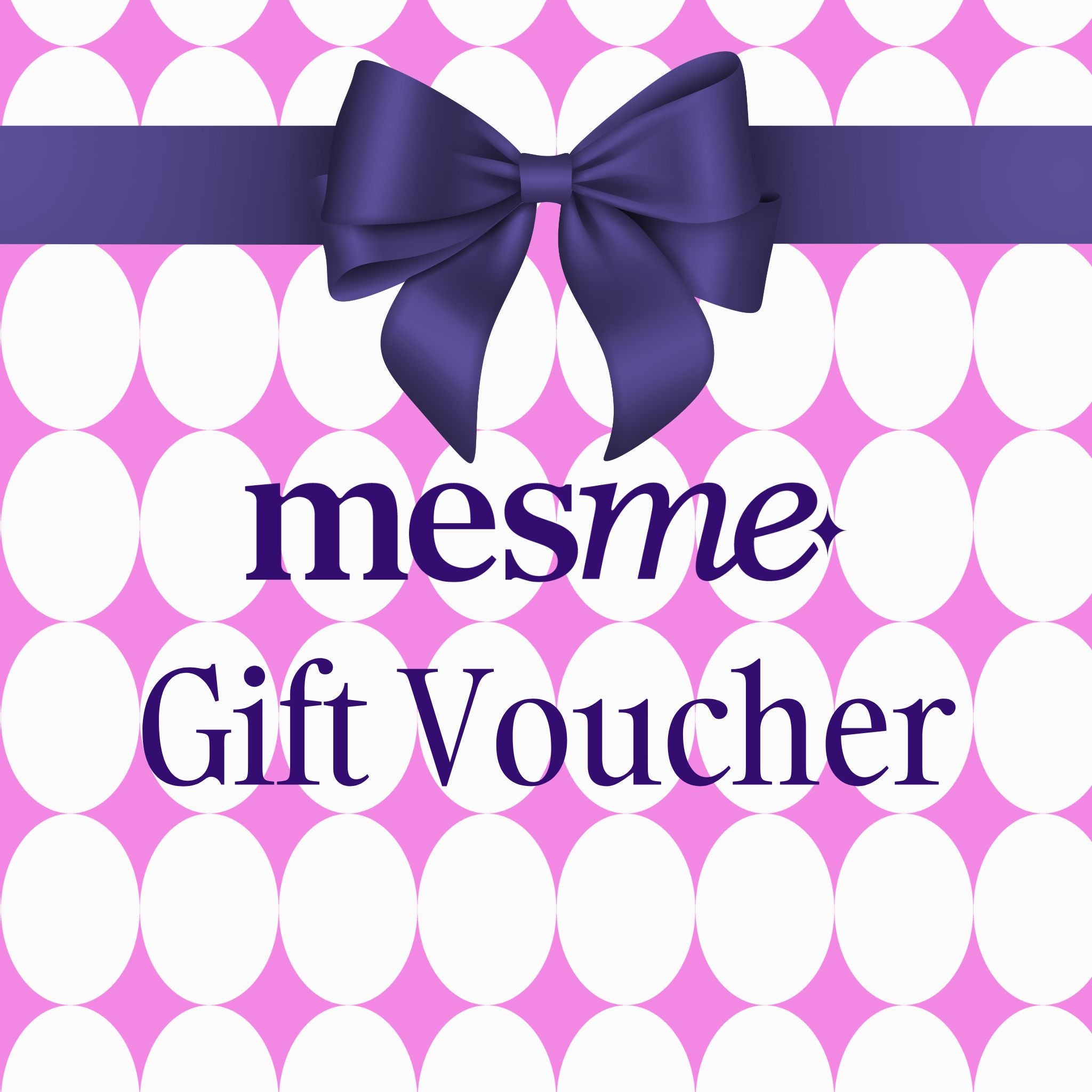 Gift voucher with a purple bow on a pink and white polka dot background, featuring the brand 'mesme'.