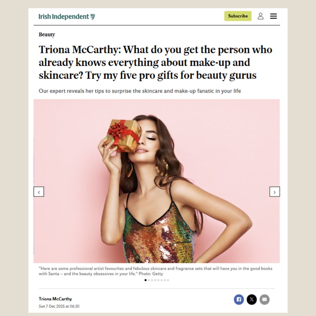 Picture of article in Irish Independent by beauty editor Triona McCarthy discussing top five pro gifts for beauty gurus showing women holding a gift