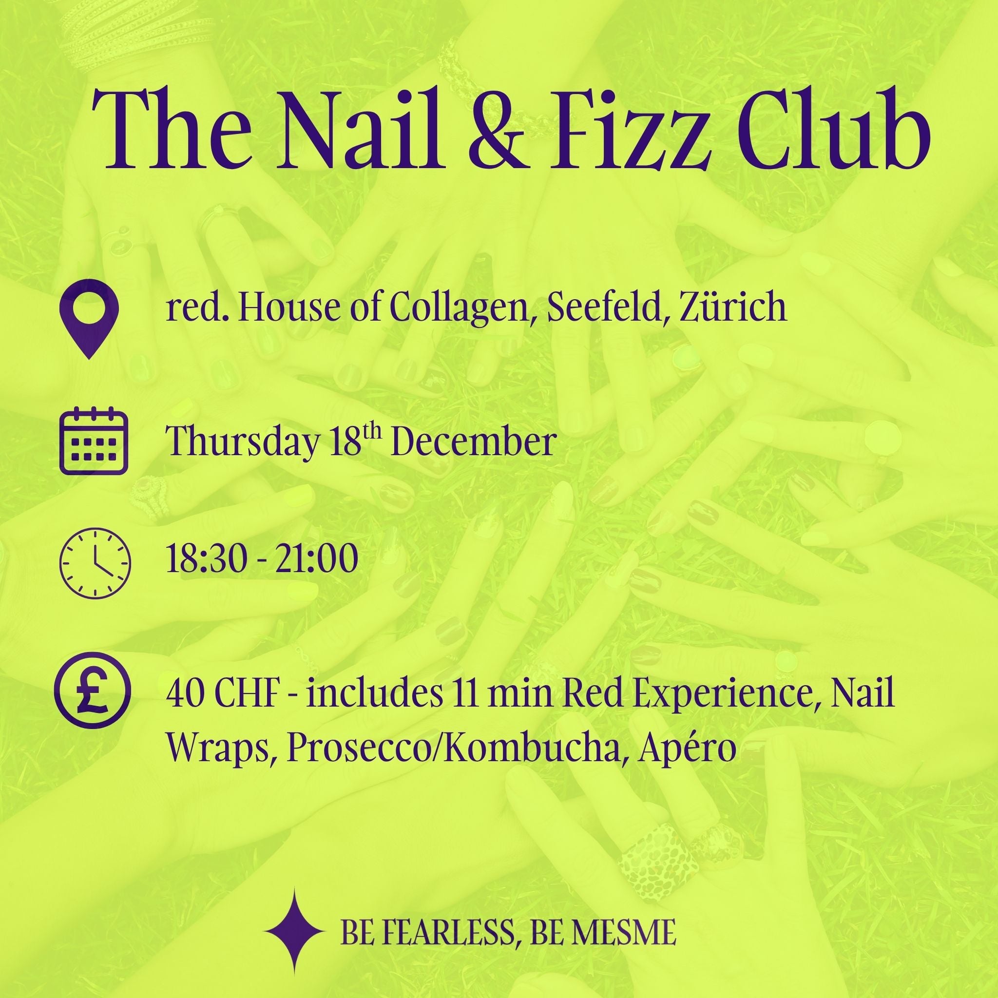 Promotional flyer for 'The Nail & Fizz Club' event at red.House of Collagen, Seefeld, Zürich with details on location, date, time, and activities.