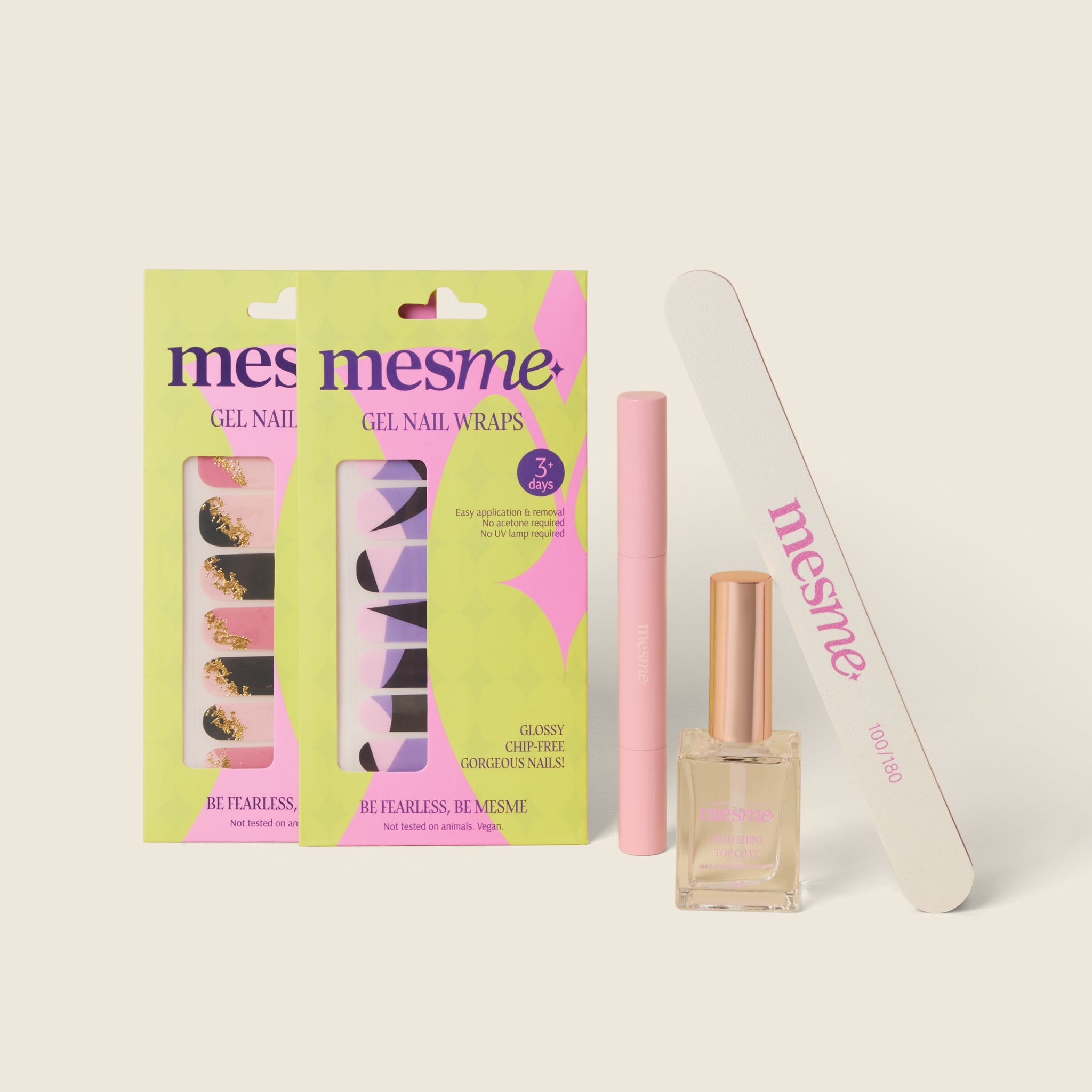 mesme 3+Day gel nail wrap set with packaging, nail file, clear top coat, wrap remover pen on a light background