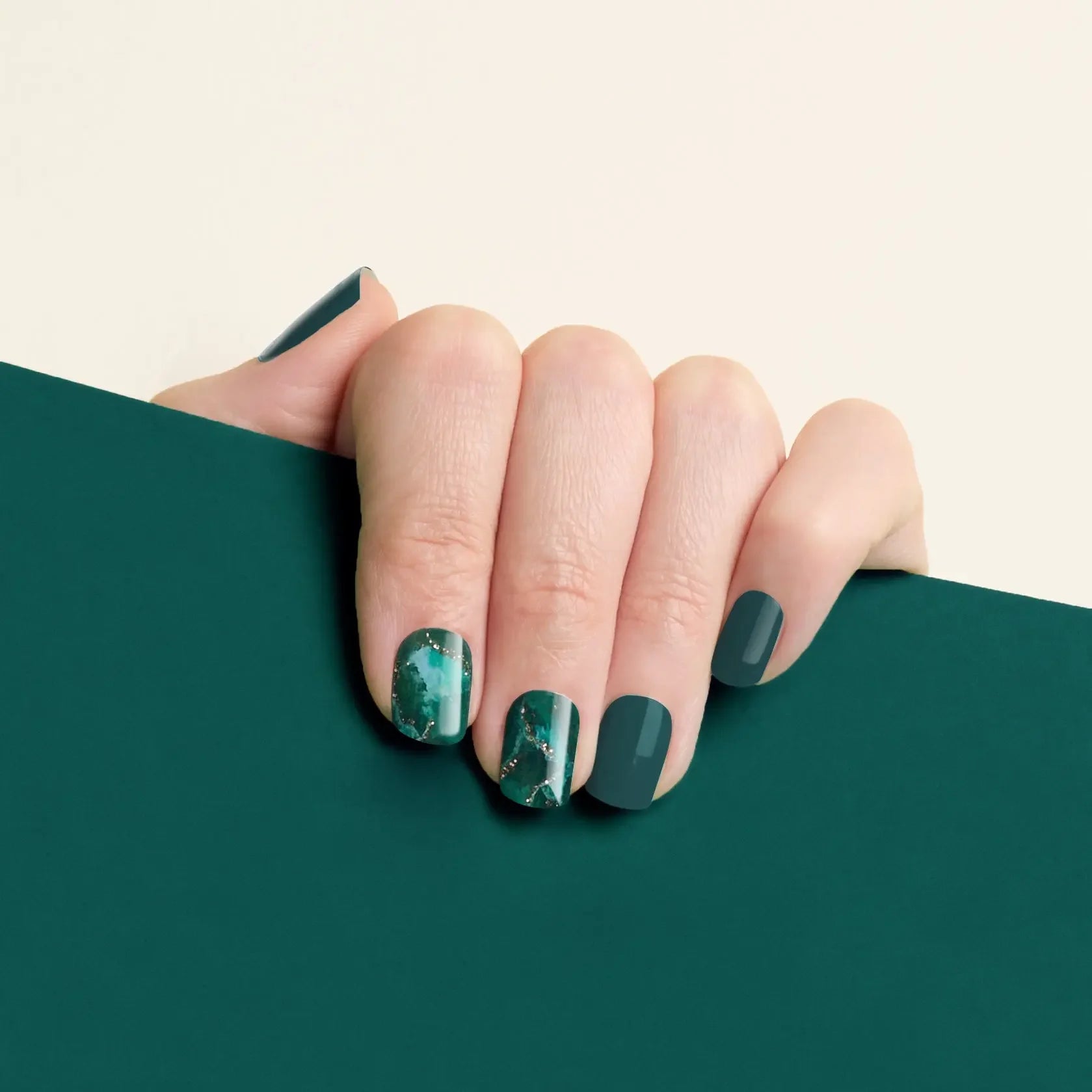 mesme Anastasia Emerald Green 14-Day UV Gel Nail Wraps On Hand