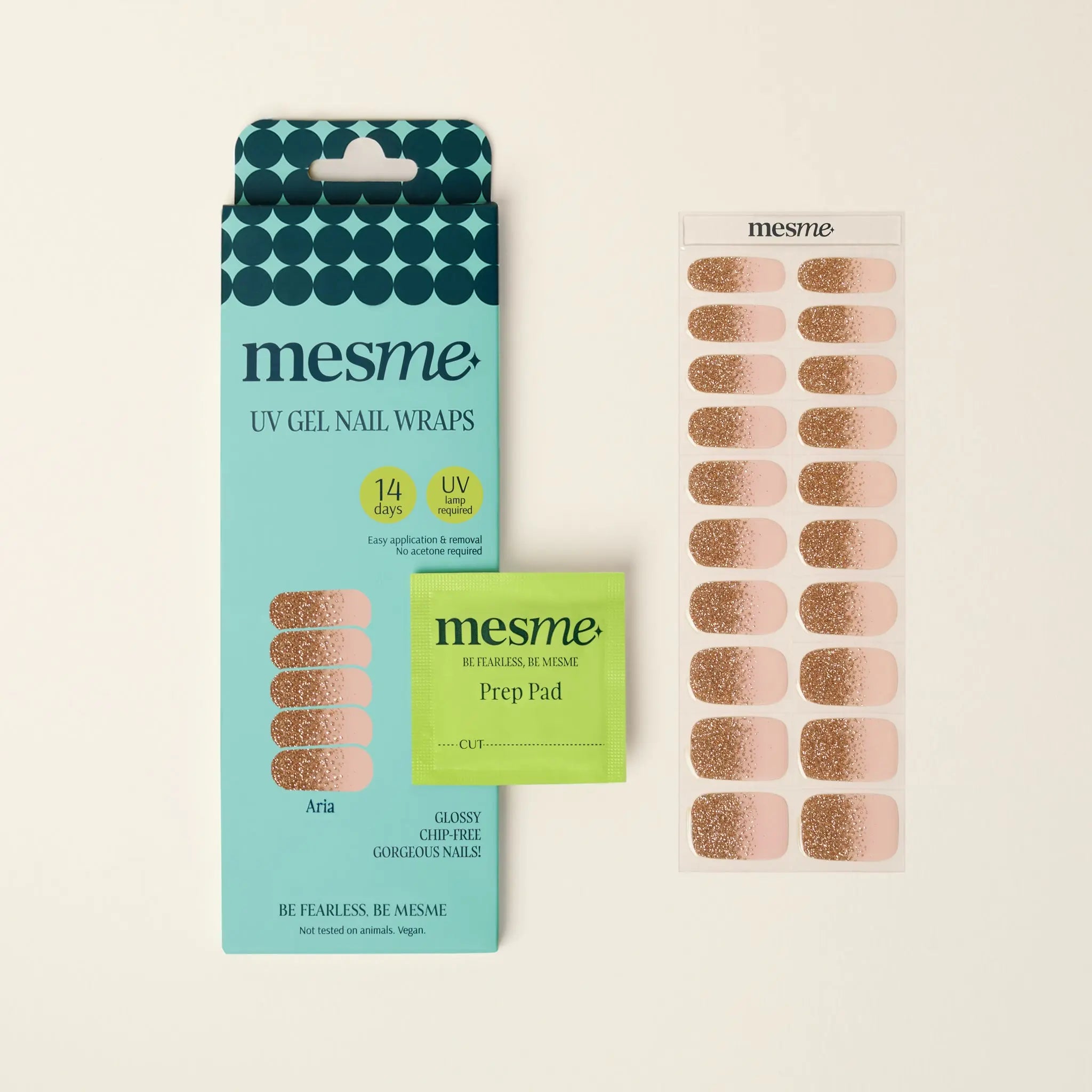 mesme Aria Nude & Gold 14-Day UV Gel Nail Wraps — Packaging