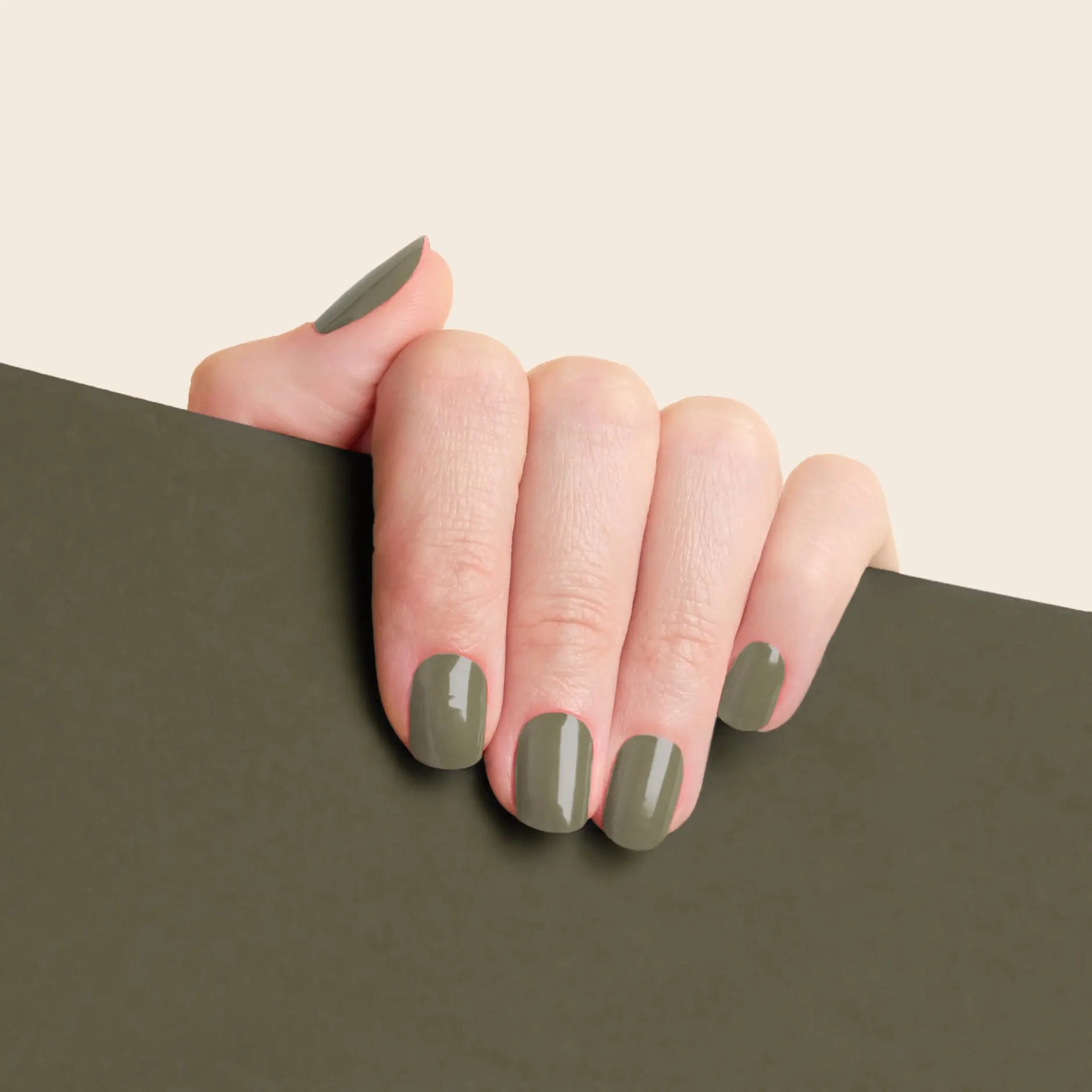 mesme Casey Olive Green 14-Day UV Gel Nail Wraps On Hand