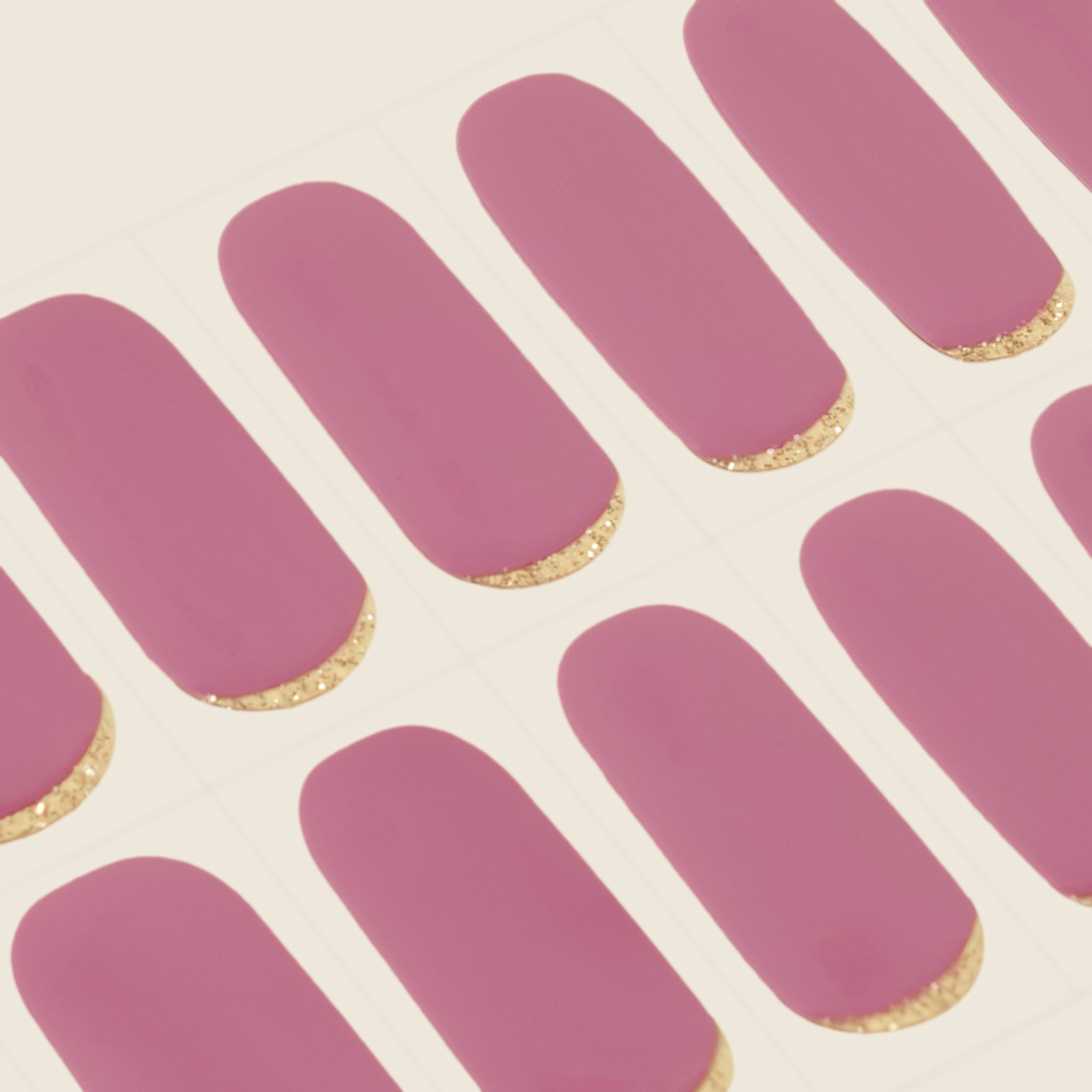 mesme Eleanora Mauve Gold Glitter 10-Day UV-Free Nail Wraps — Strip Sheet Close-Up