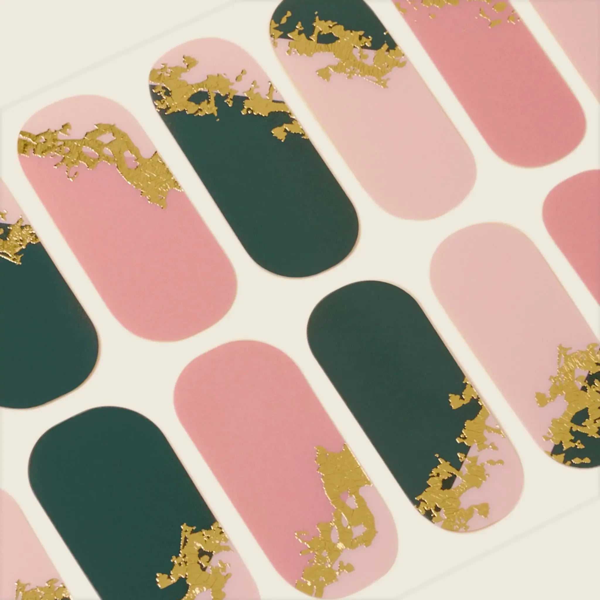 mesme Jasmina Emerald Green & Blush Pink 3+ Day UV-Free Gel Nail Wraps — Strip Sheet Close-Up