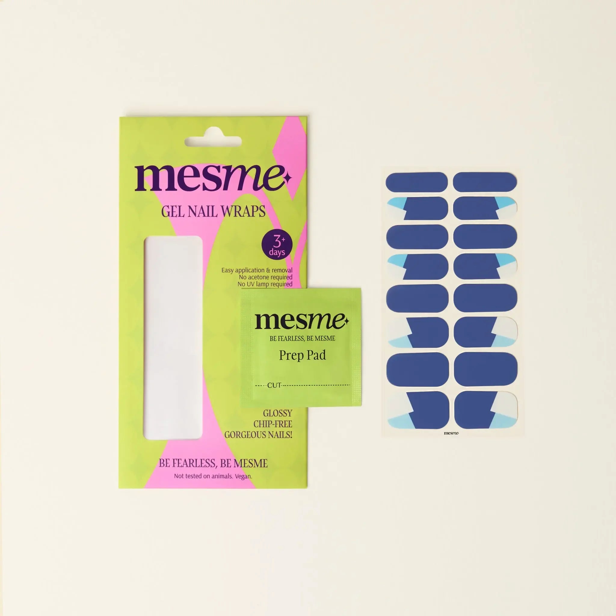 mesme Jess Navy & Blue 3+ Day UV-Free Gel Nail Wraps — Packaging