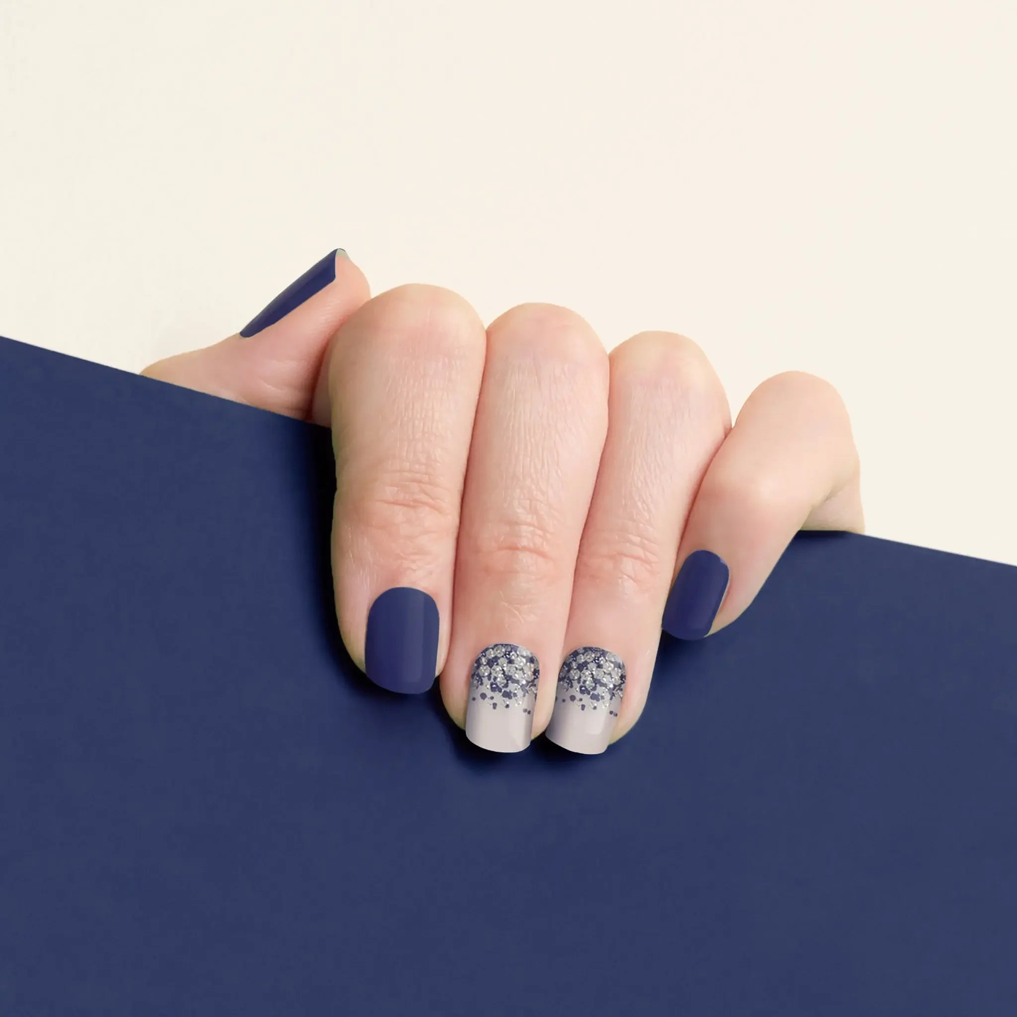 mesme Joy Navy & Glitter 3+ Day UV-Free Gel Nail Wraps On Hand