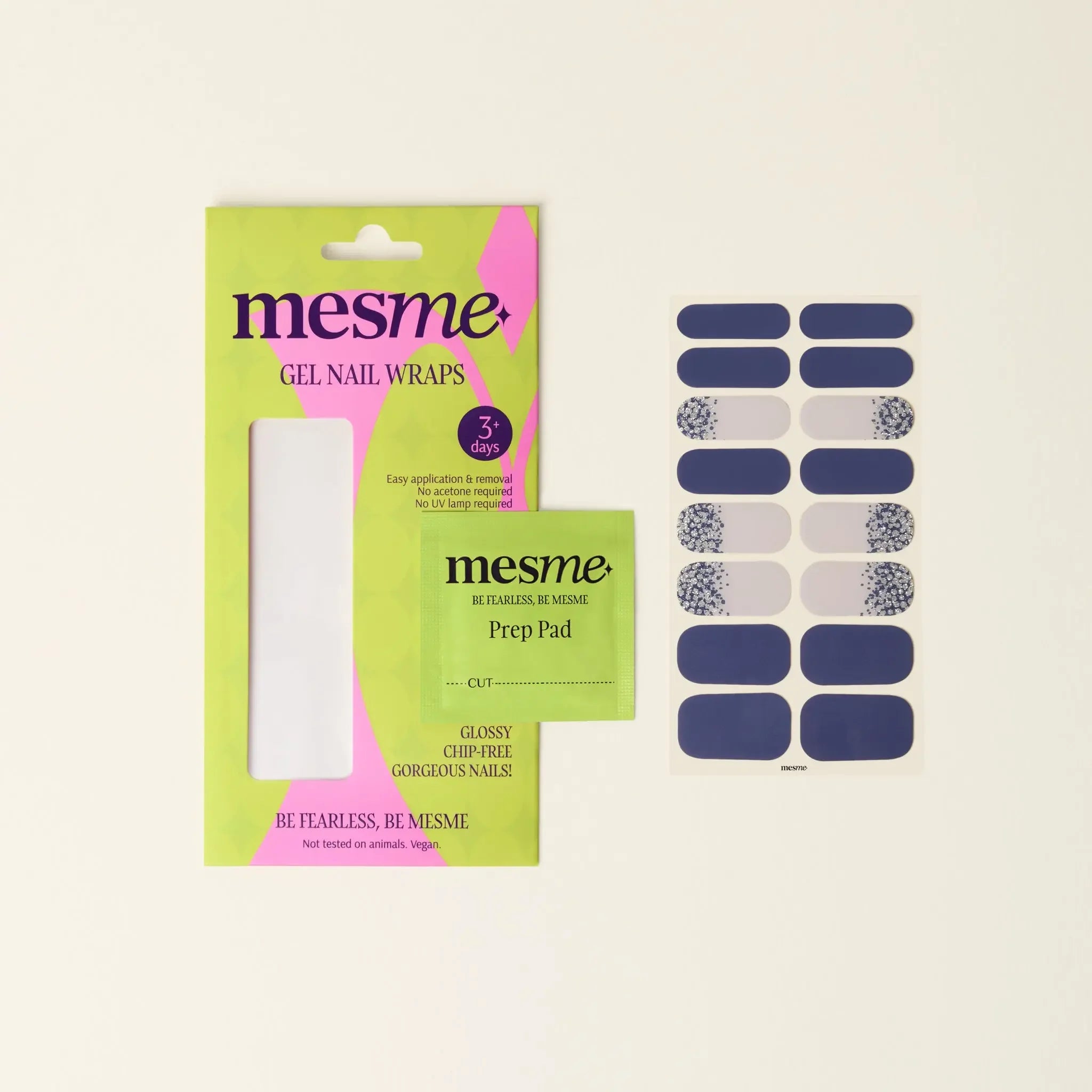 mesme Joy Navy & Glitter 3+ Day UV-Free Gel Nail Wraps — Packaging