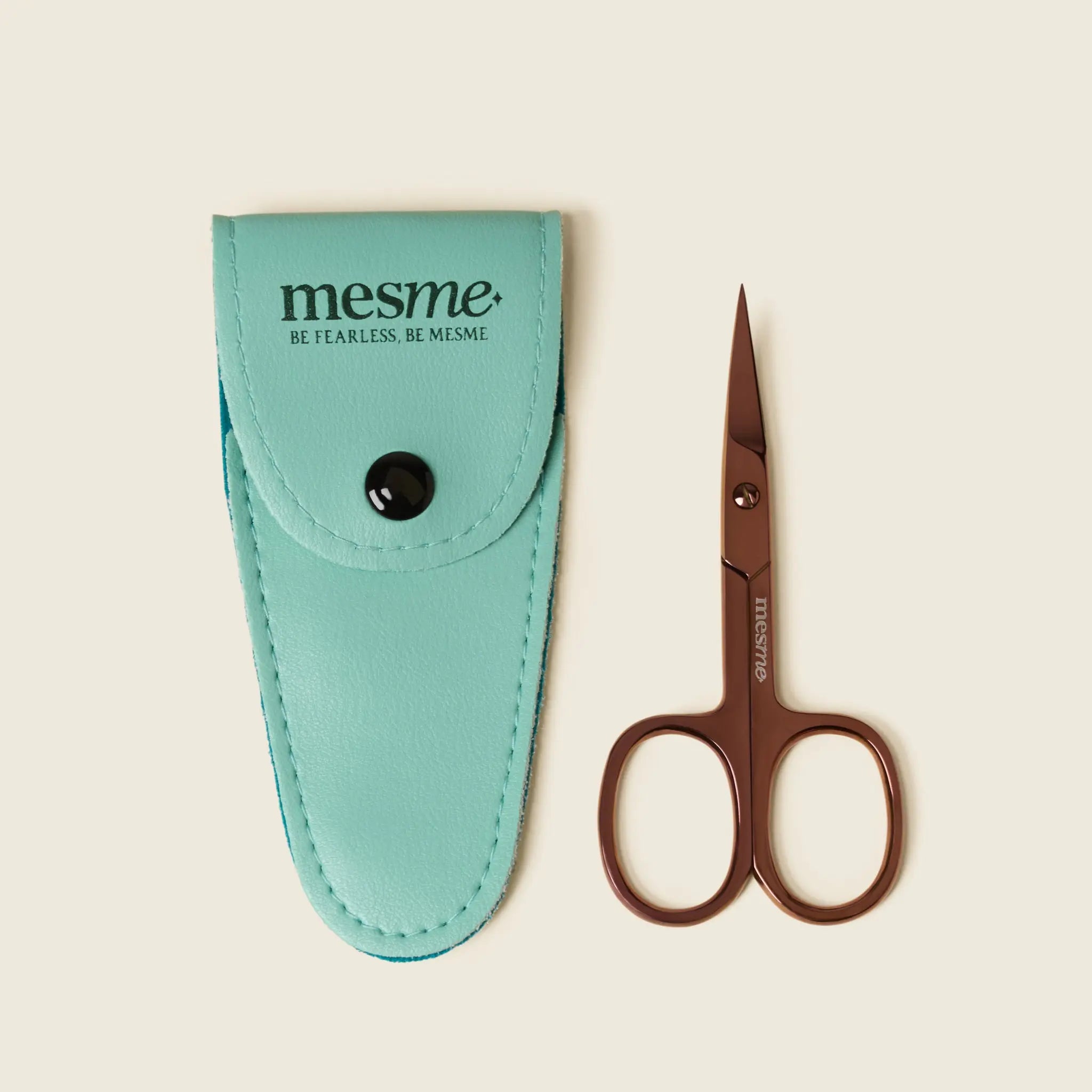 mesme Nail Scissors — nail wrap accessory — for all wraps — scissors with teal protective pouch flat lay