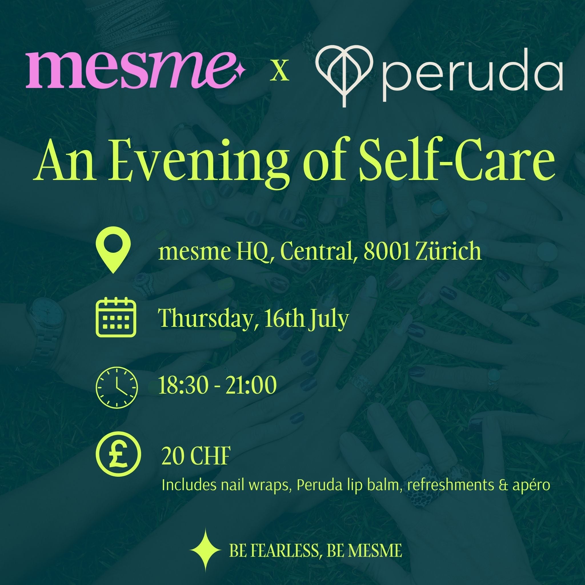 Promotional flyer for 'An Evening of Self-Care' event featuring mesme and Peruda.