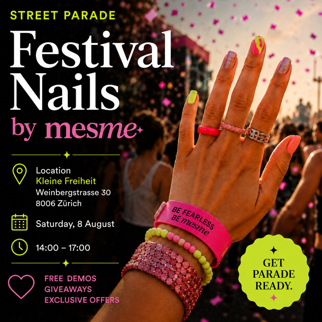 Promotional graphic for 'Festival Nails by mesme+' featuring a hand with colorful manicured nails and pink nail art accessories, set against a blurred festival crowd background with falling confetti. Text details the event location, date, time, and offer.