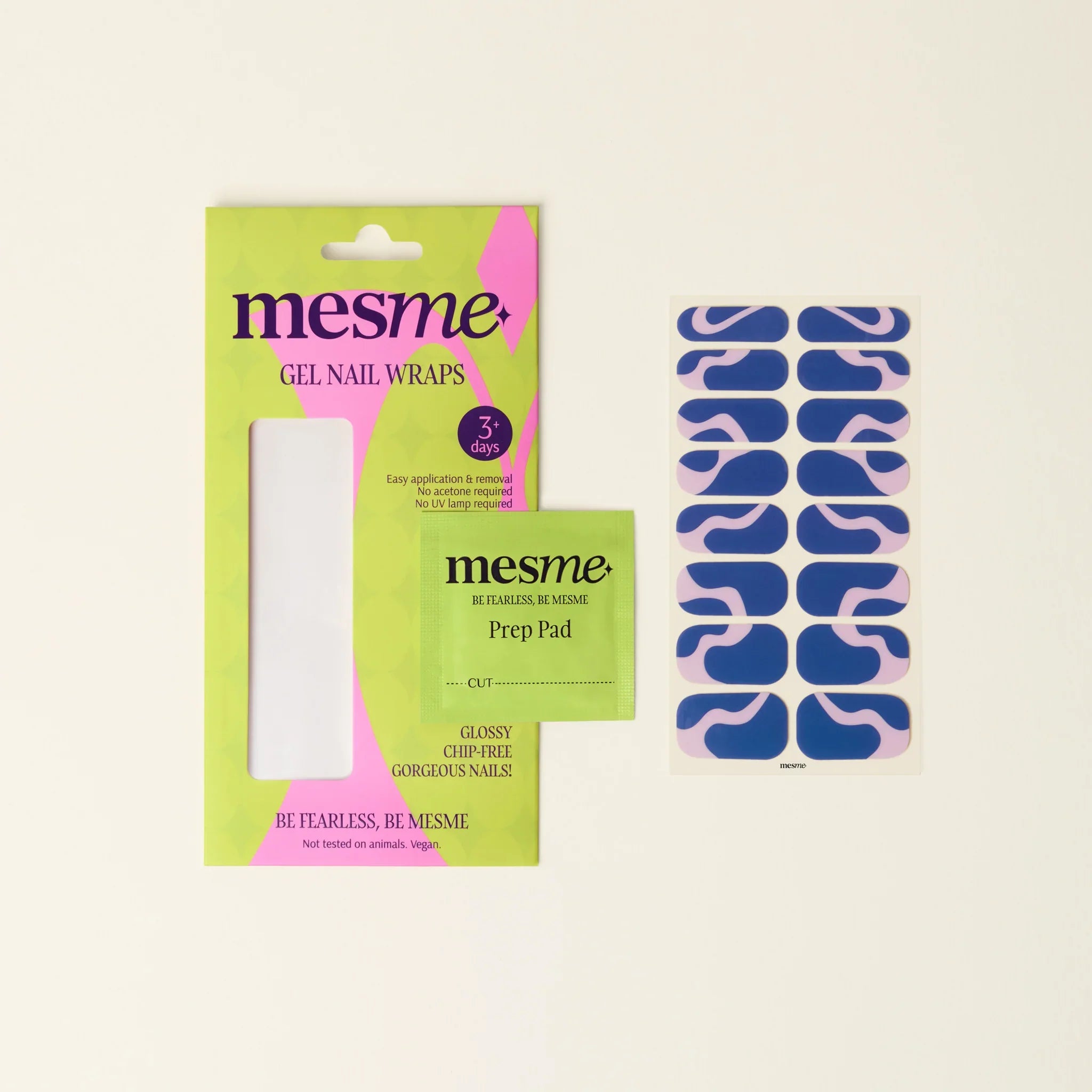 mesme Nia Blue & Lilac 3+ Day UV-Free Gel Nail Wraps — Packaging
