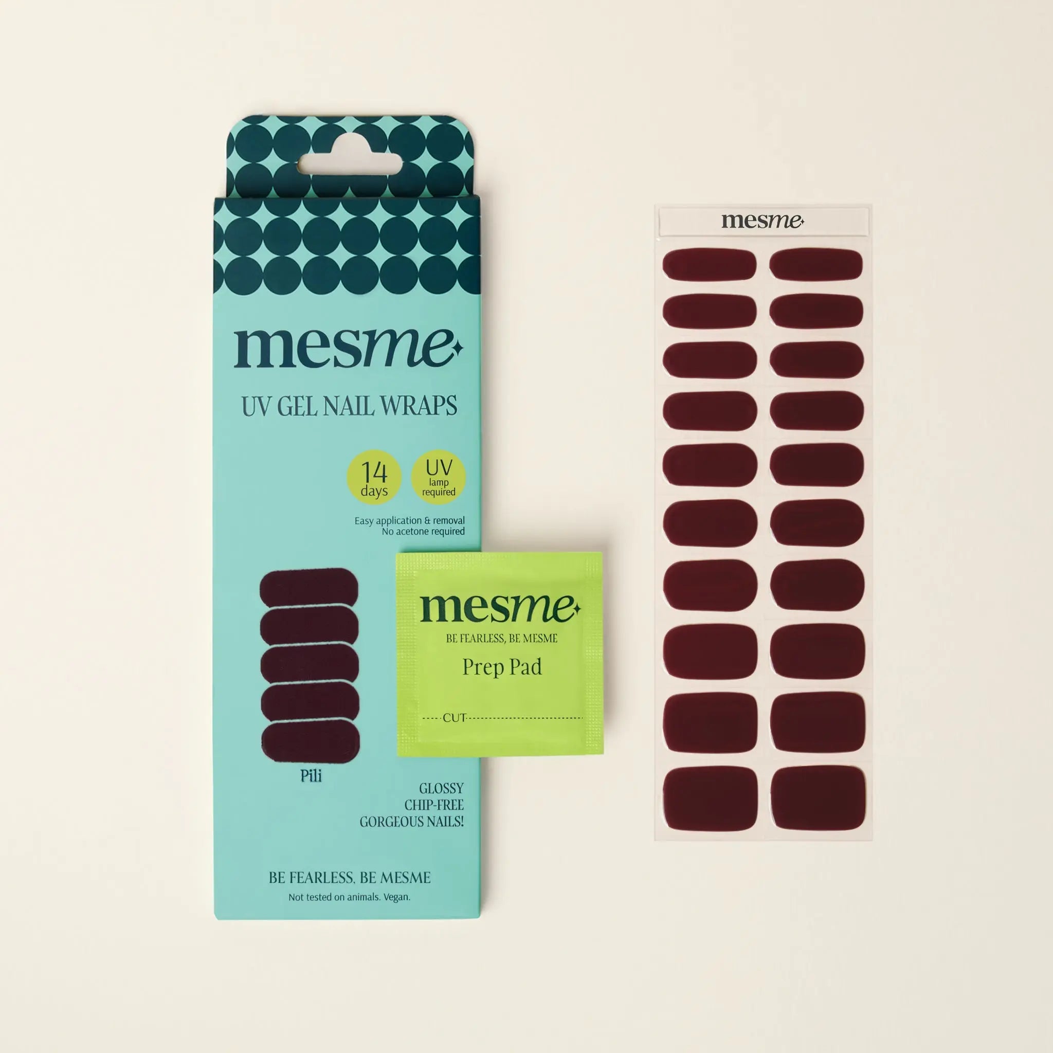 mesme Pili Burgundy Red 14-Day UV Gel Nail Wraps — Packaging