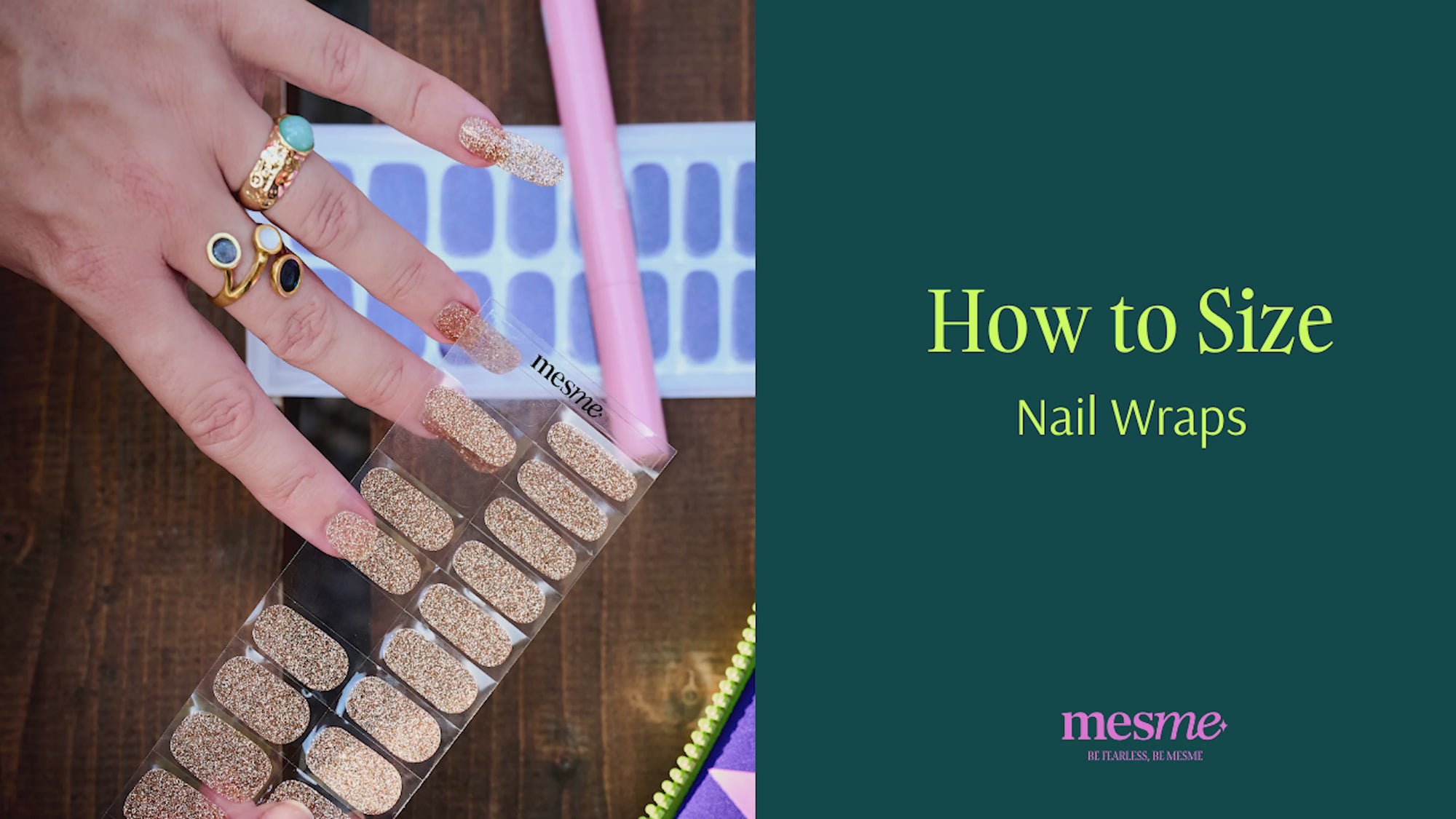 Video tutorial showing how to choose the correct size mesme Nail Wrap for each nail before application.