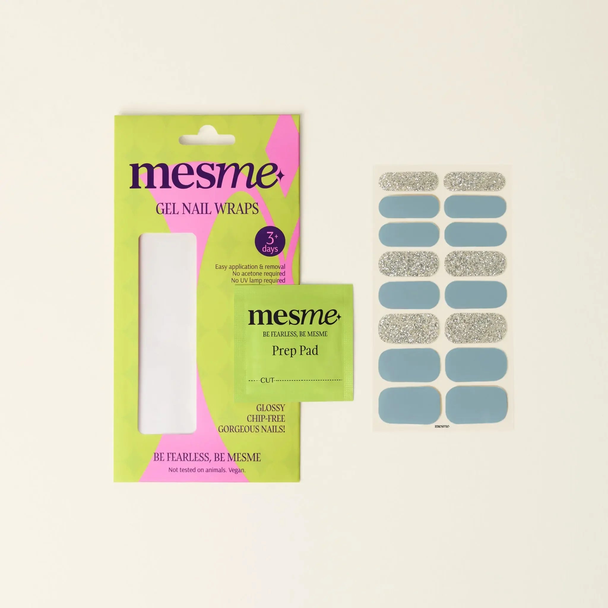 mesme Sophie Blue & Silver 3+ Day UV-Free Gel Nail Wraps — Packaging