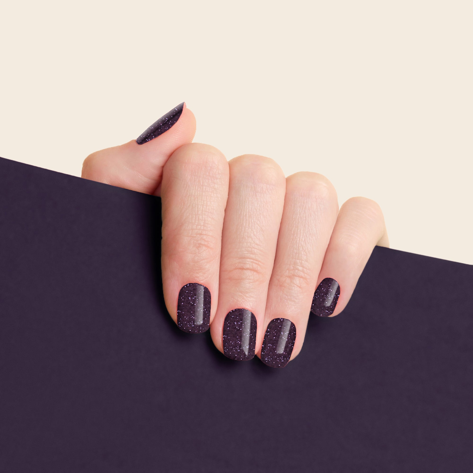 mesme Stephanie Dark Plum Glitter STAY UV-Free Nail Wraps On Hand