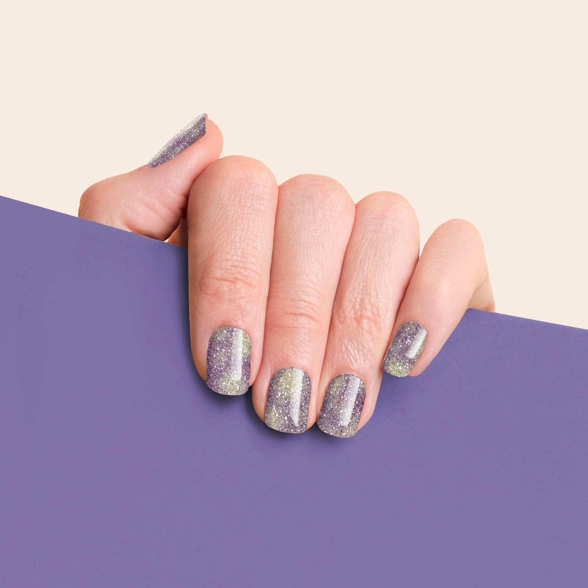 mesme Suzanne Purple Gold Glitter 10-Day UV-Free Nail Wraps On Hand