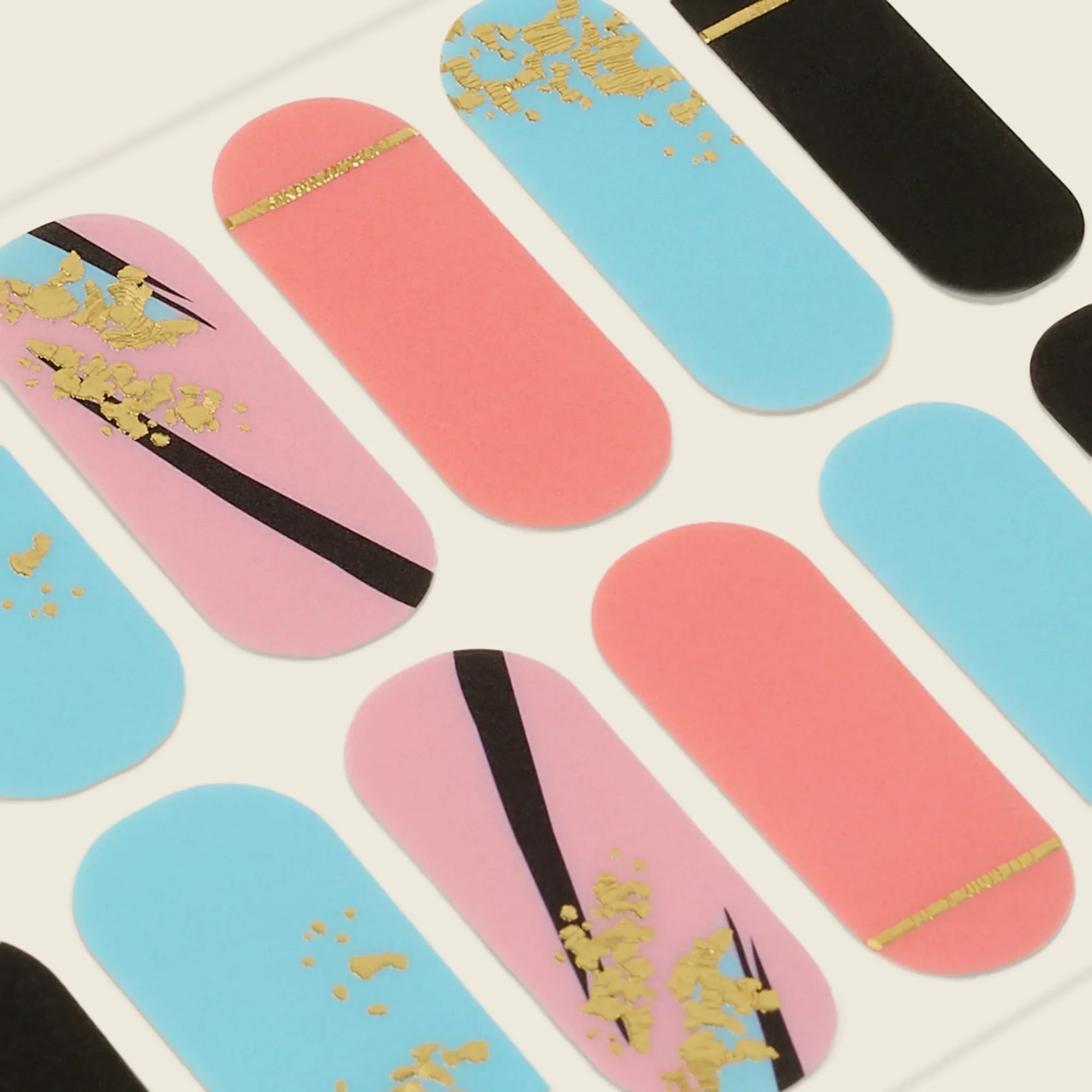 mesme Yayoi Turquoise, Coral, Pink, and Black 3+ Day UV-Free Gel Nail Wraps — Strip Sheet Close-Up